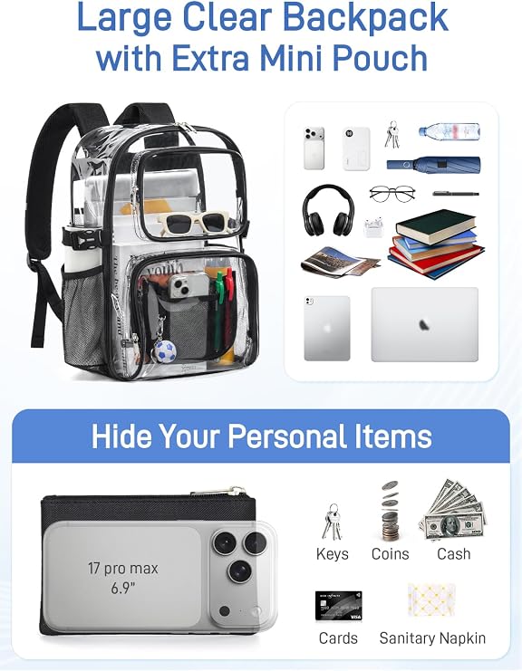 Clear Backpack Heavy Duty, Large Clear Bookbag Transparent See Through Backpack for School College Sport Security
