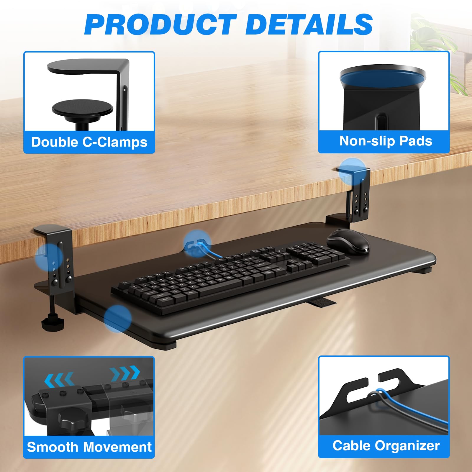 5Rcom Porta Tastiera Estraibile, Estensione Scrivania da Tavolo per THk 8-50 mm, Ripiano Estraibile per Laptop, Supporto Tastiera pc 650 x300 mm, Perfetto per la Casa o L'Ufficio (Nero)