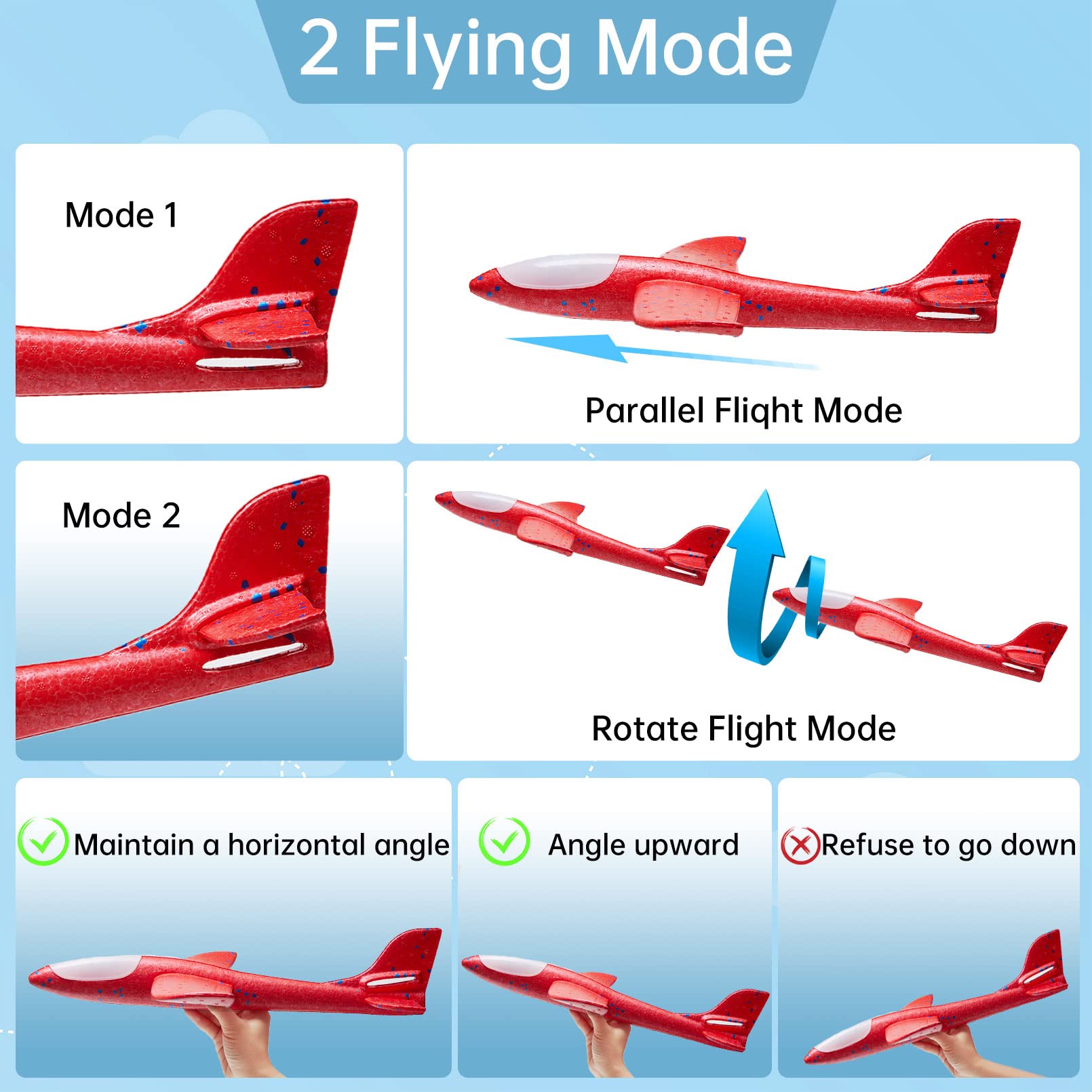 Paquete de 4 juguetes de avión con luz LED, avión de espuma grande de 17.5 pulgadas, 2 aviones planeadores de modo de vuelo, juguetes de vuelo de avión de espuma para niños, juguetes deportivos al 4