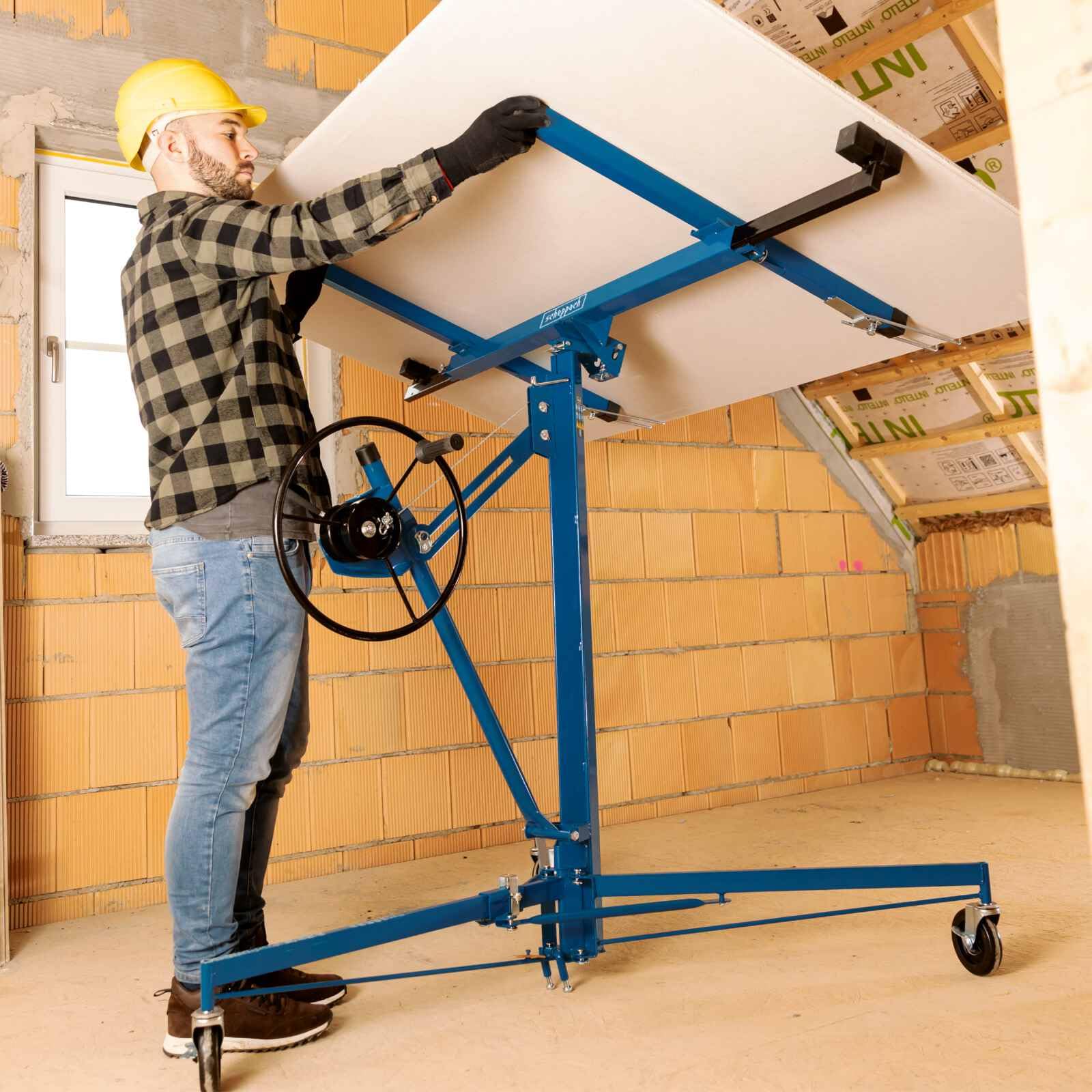 Scheppach XXL-Plattenheber Plattenlift | Plattengröße bis 1,25 m x 4,88m | TBL335 | Trockenbaulift | max 68 kg | bis 3,35m Höhe für Decke und Wand | Montagehilfe