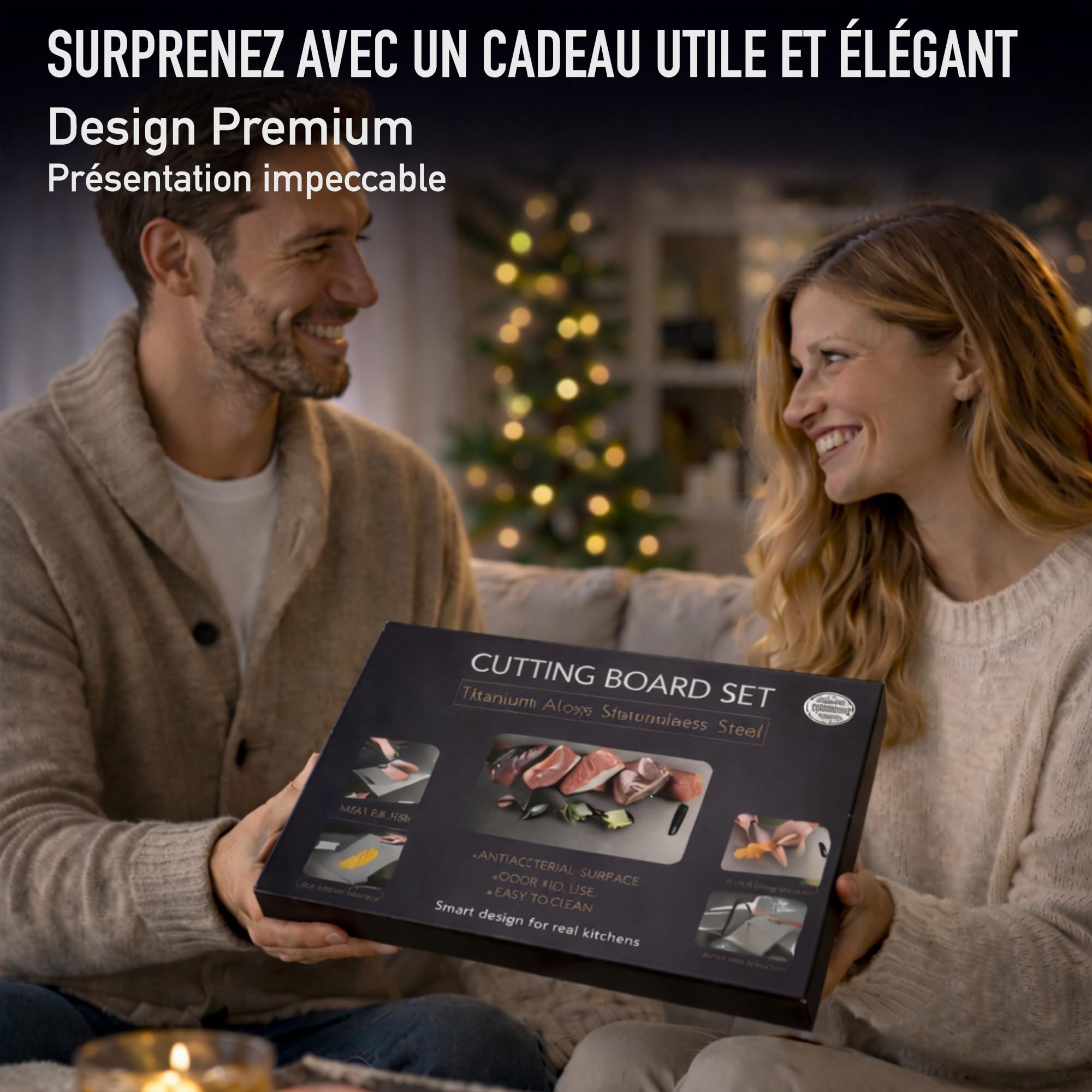 PACK 3 Planche à Découper en Acier Inoxydable SUS316/SUS304 avec Revêtement Titane + Crochets et Chiffons de Nettoyage - Antibacterien, Reversible et Resistant | 3-Stars