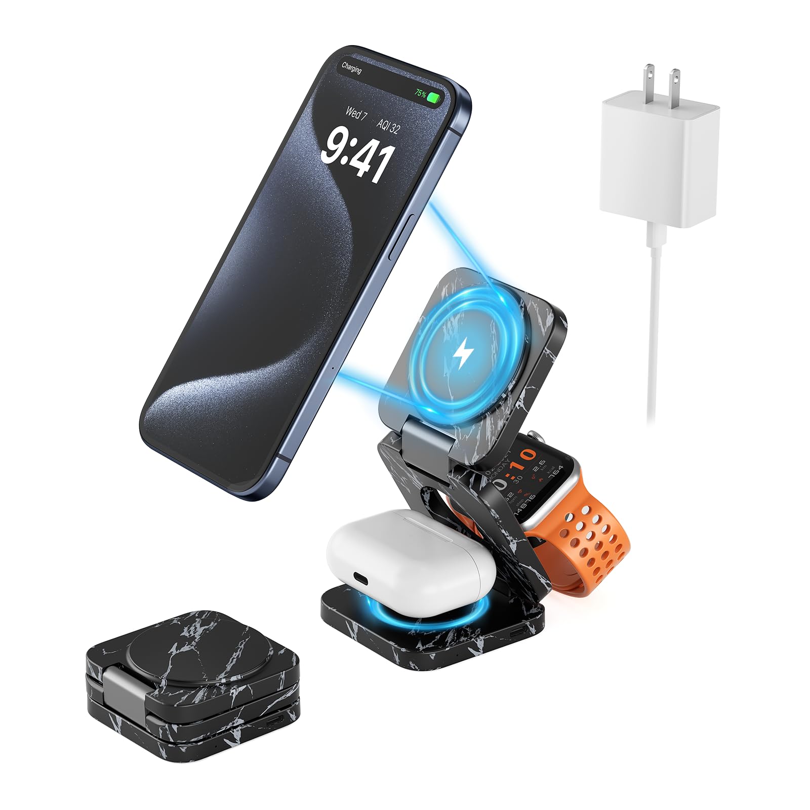 KUXIU 3 in 1 Charging Station for Apple, Foldable Magnetic Fast Wireless Charger Compatible with iPhone 15 14 13 12 Pro/Max/Plus, for Apple Watch 9/8/7/6/5/4/3/2/SE/Ultra2,AirPods 3/2/Pro-Marble Black