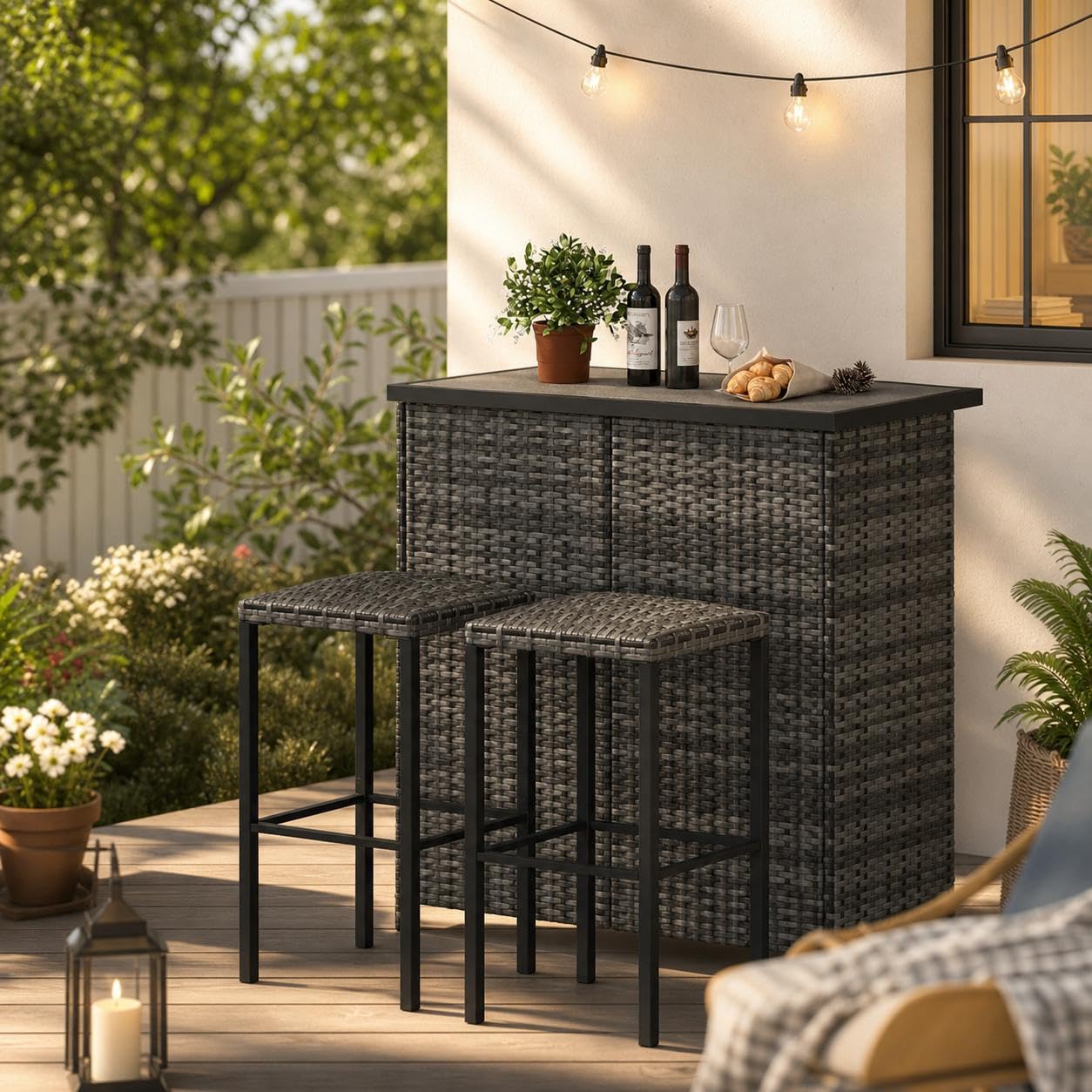 3PCS PE Rattan Bar Table Set, Outdoor Garden Furniture Set with Waterproof Tabletop & Double Open Storage Shelves, Patio Wicker Bar Table and 2 Stools with Padded Cushions for Backyard, Poolside