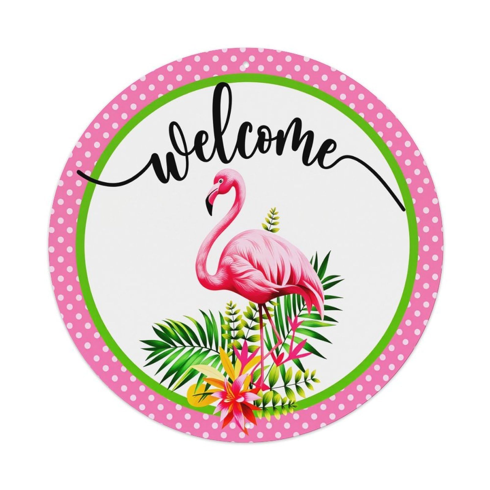 Flamingo Tropical Leaves Flowers Welcome Round Tin Sign Vintage Metal Poster Retro Bar, Home, Man Cave, Kitchen, Laundry Room Wall Art Decor Gift 8x8Inch