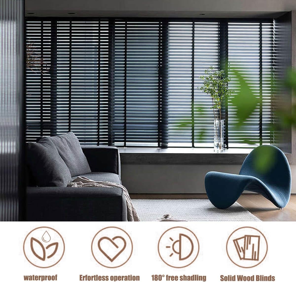 Cordless Window Blinds Wooden Venetian Blinds 15" 20" 25" 27" 32" 35" 38" 45" 52" 60" 66" 72" 78" Solid Wood Window Shades Indoor Horizontal Blinds Privacy Blinds for Window Door(Walnut)