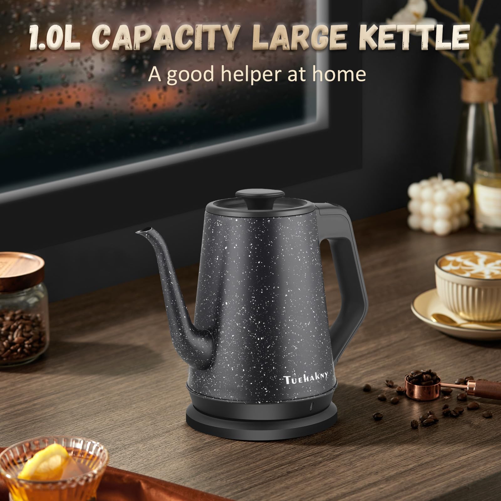 Hervidor Eléctrico Cuello de Cisne 1.0L, 1000W Calentamiento 3 Min, Acero Inoxidable, para Oficina/Viaje/Cocina, Apagado Automático, Diseño Estrella Negra, Sin BPA