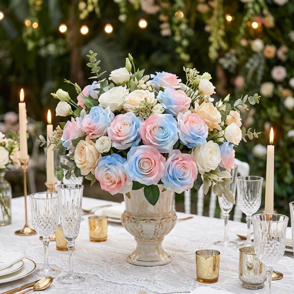 Pink Blue Mix Artificial Roses Fake Flowers Not Bend The Peduncle with Stems for DIY Wedding Bouquets Bridal Shower Centerpieces Arrangements Tables Decorations 24pcs