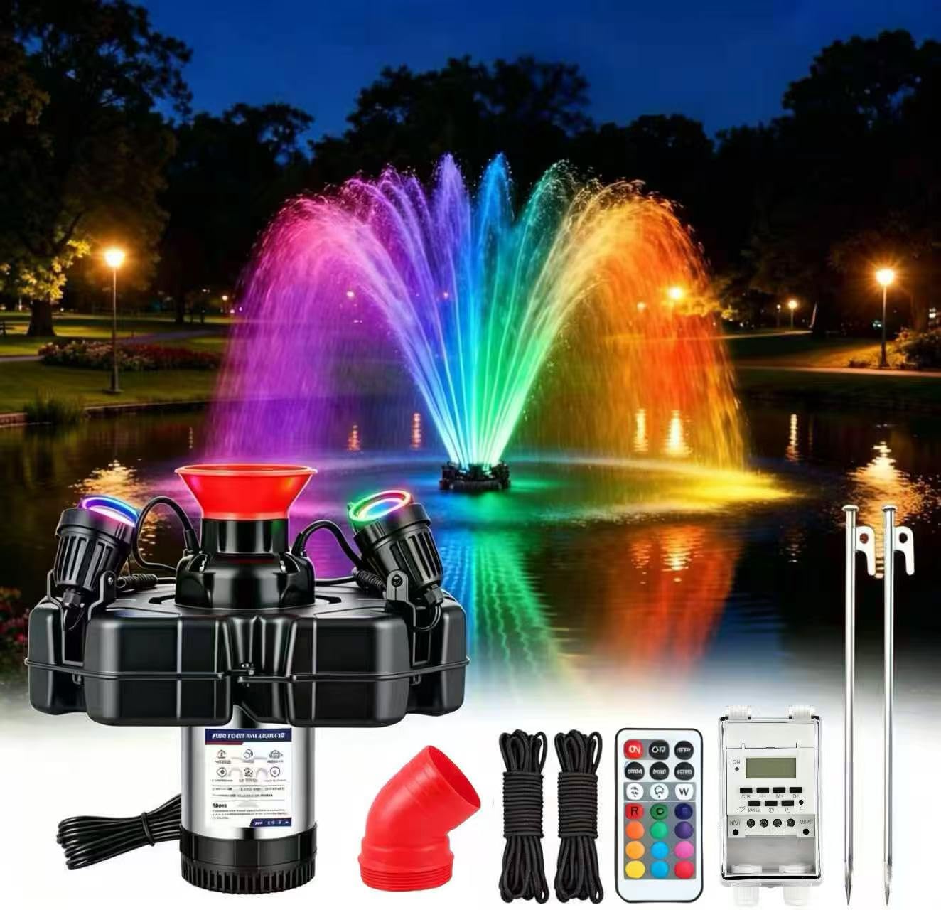 Pond Fountain Aerator with Lights 750W 110V 1 HP with Dynamic RGB Lighting 9 Adjustable Modes Digital Timer | 15,000 GPH 100FT Cord - for Large Ponds Lakes &amp; Outdoor Water Features