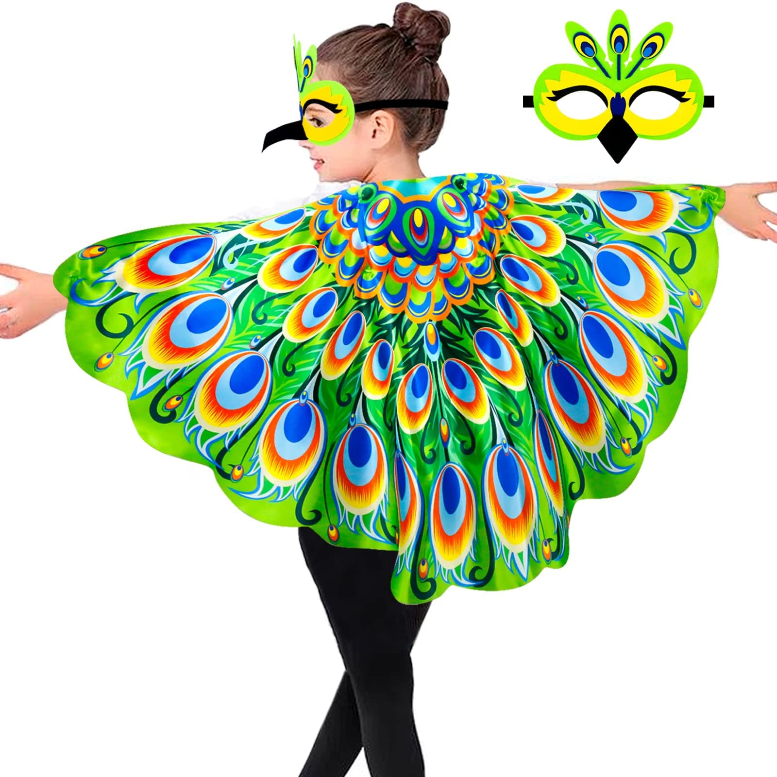 Bird Wing Costume for Kids, Peacock Costume with Mask for Girls, Toddler Dress Up Cape Bird Costume for Halloween, Christmas, Pretend Play Party