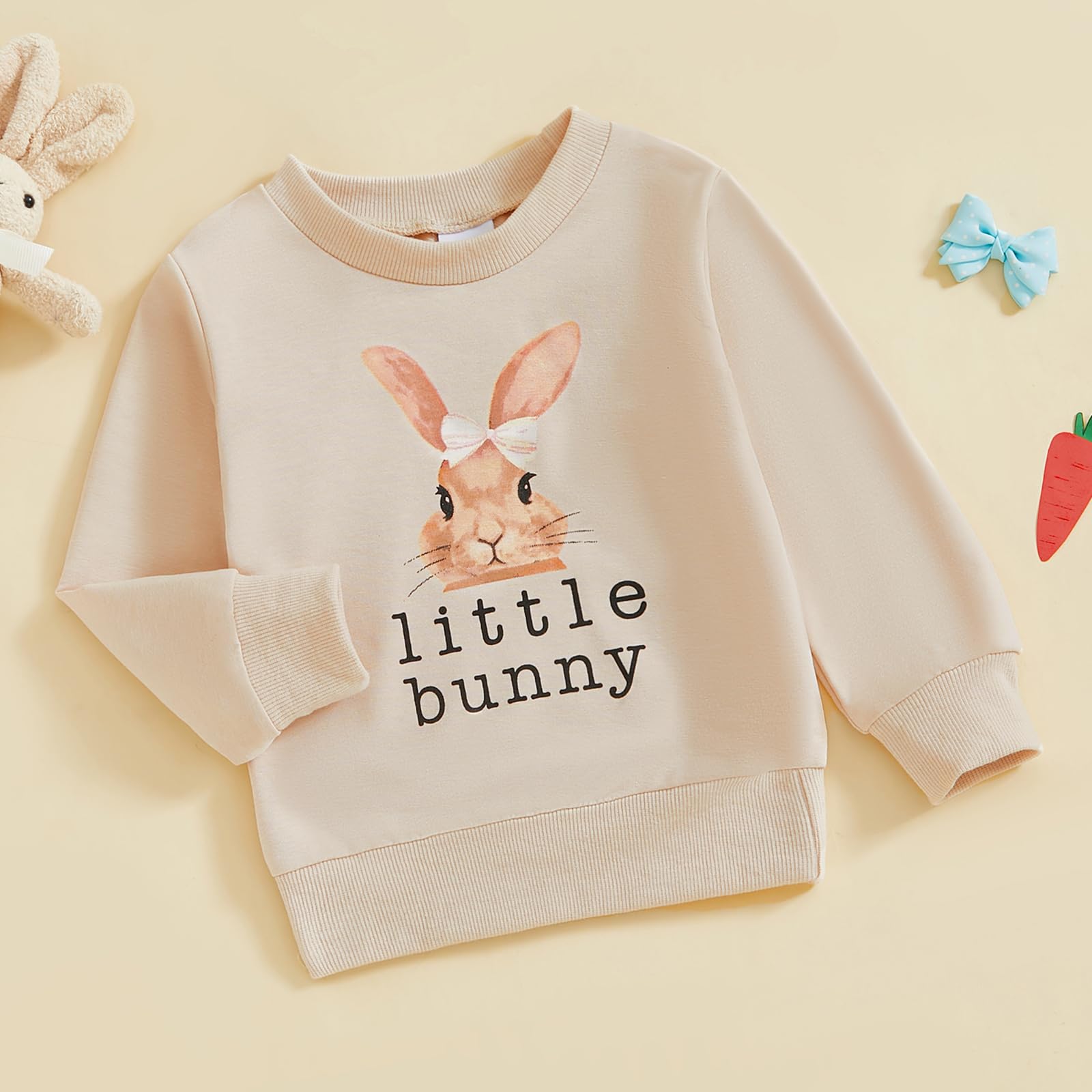 xkwyshop Toddler Baby Girl Boy Easter Sweatshirt Outfit Little Bunny Bow Long Sleeve Pullovers Sweater Shirt Tops Clothes (Khaki 1, 12-18 Months)