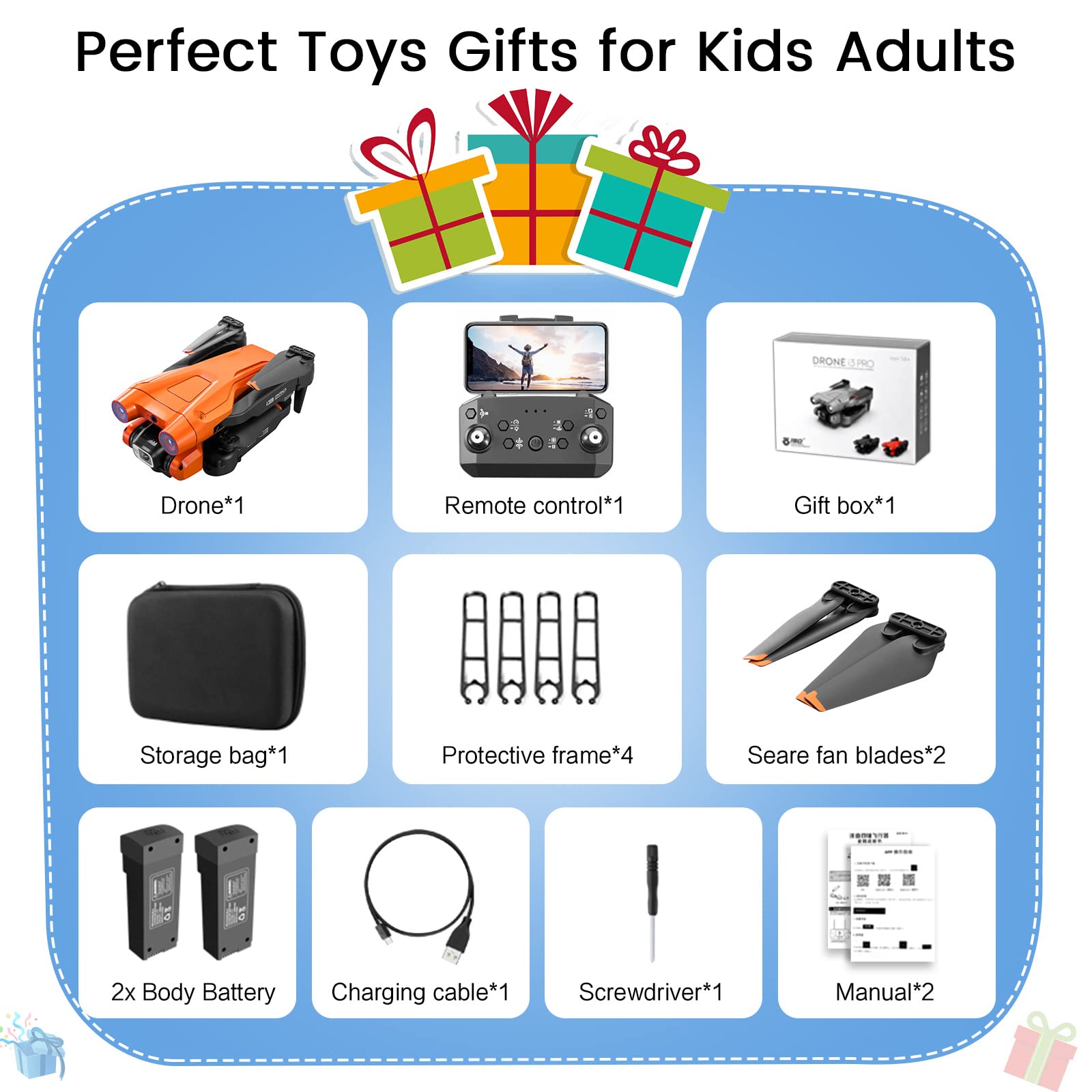 Drone avec double caméra 4K HD pour enfants et adultes – Drones quadrirotor RC avec éviter les obstacles intelligents, tenue d'altitude, jouets cadeaux pour garçons et filles débutants (orange)