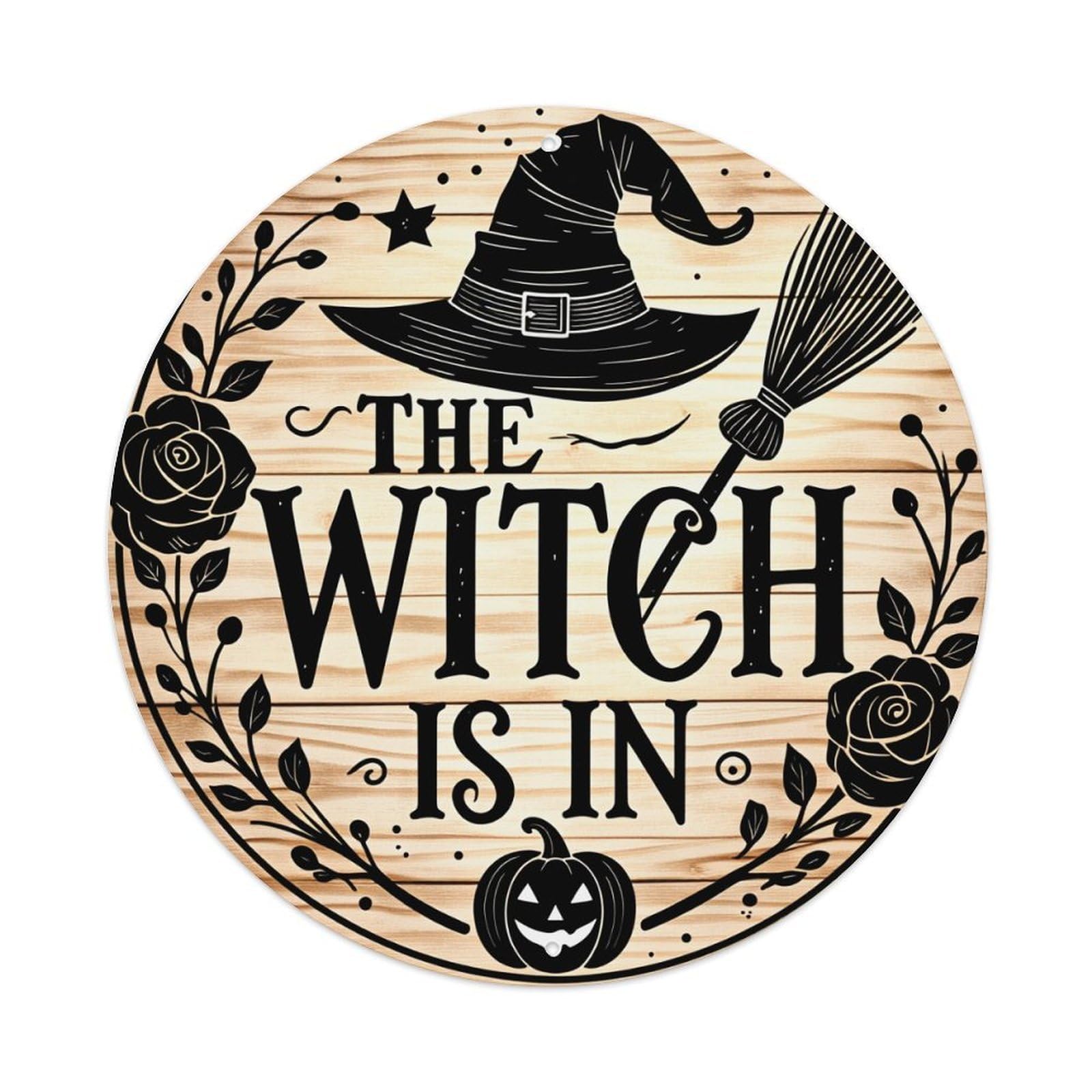 Witch Hat Broom Pumpkin Roses Round Tin Sign Retro Metal Sign for Cafe Bar Pub Home Game Room Gym Club Wall Decoration Vintage Metal Poster 8x8 Inch