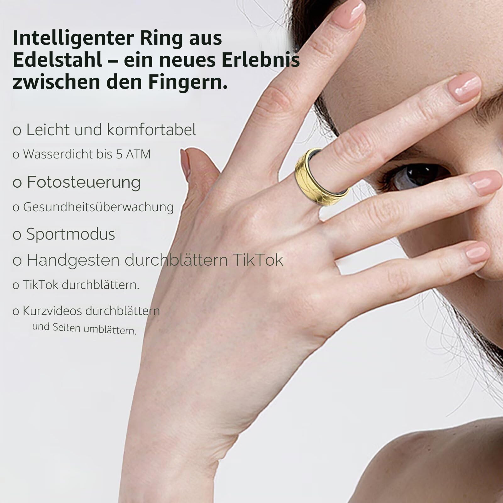 findtime Smart Ring Android IOS Smartringe für Herren Damen Schlaftracker Pulsmesser Schrittzähler Fitness Ring Tracker Smartring Fitnessring Herzfrequenz Sport Fitnesstracker Schwarz Gold Silber