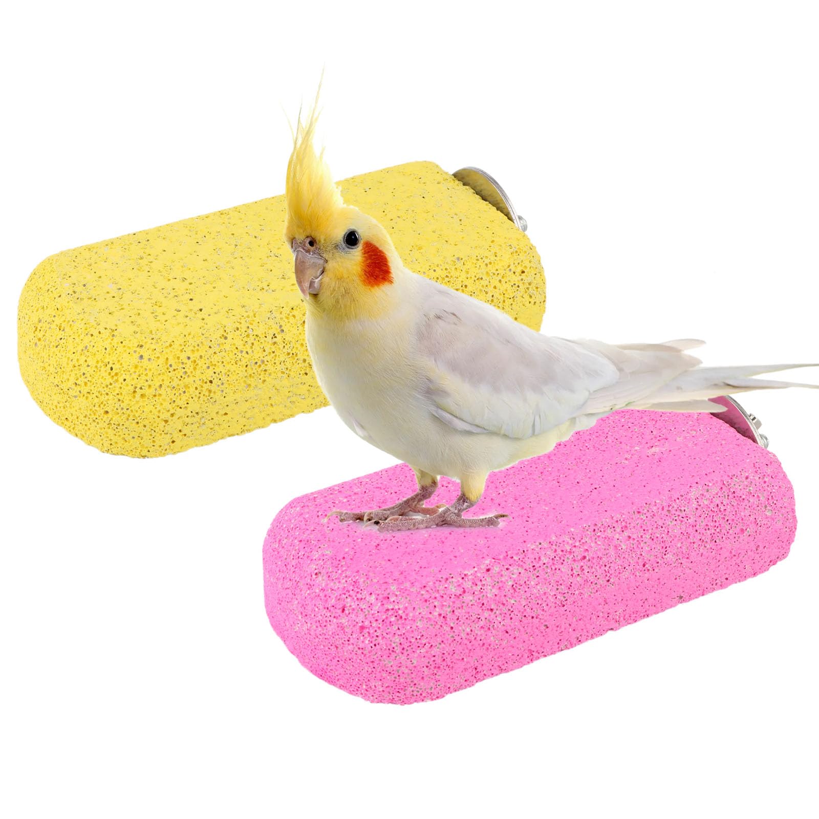 Wontee Bird Chewing Toys Grinding Beak Bird Perch Stand for Budgies Parakeets Cockatiels Lovebirds Conures Rats Squirrels, 2 Packs (Yellow+Fuchsia)