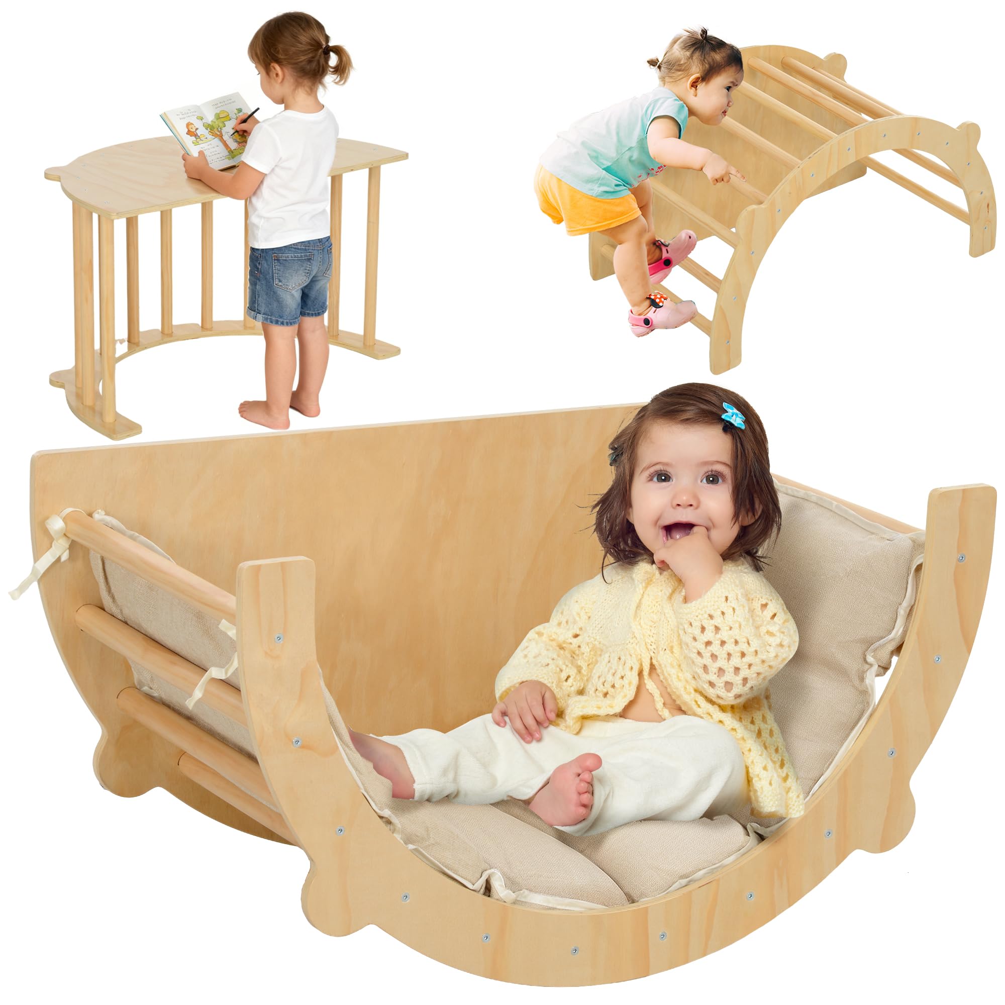 AIYAPLAY 3 en 1 Arche Escalade Enfants, Chaise à Bascule et Table de Jeu avec Coussin - Parcours motricité bébé en en Bois Massif pour garçons & Filles de 18 à 48 Mois, Bois Naturel