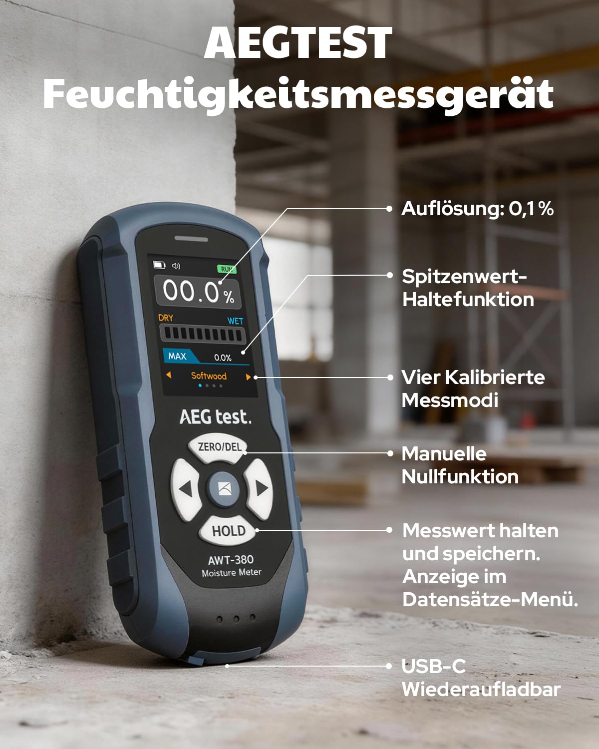 AWT-380 wiederaufladbares Feuchtigkeitsmessgerät Wand, Feuchtigkeitsmesser, Feuchtemessgerät Mauerwerk für Holz, Gipskarton & Ziegel, mit Farbdisplay, einstellbarem Alarm & Datenaufzeichnung