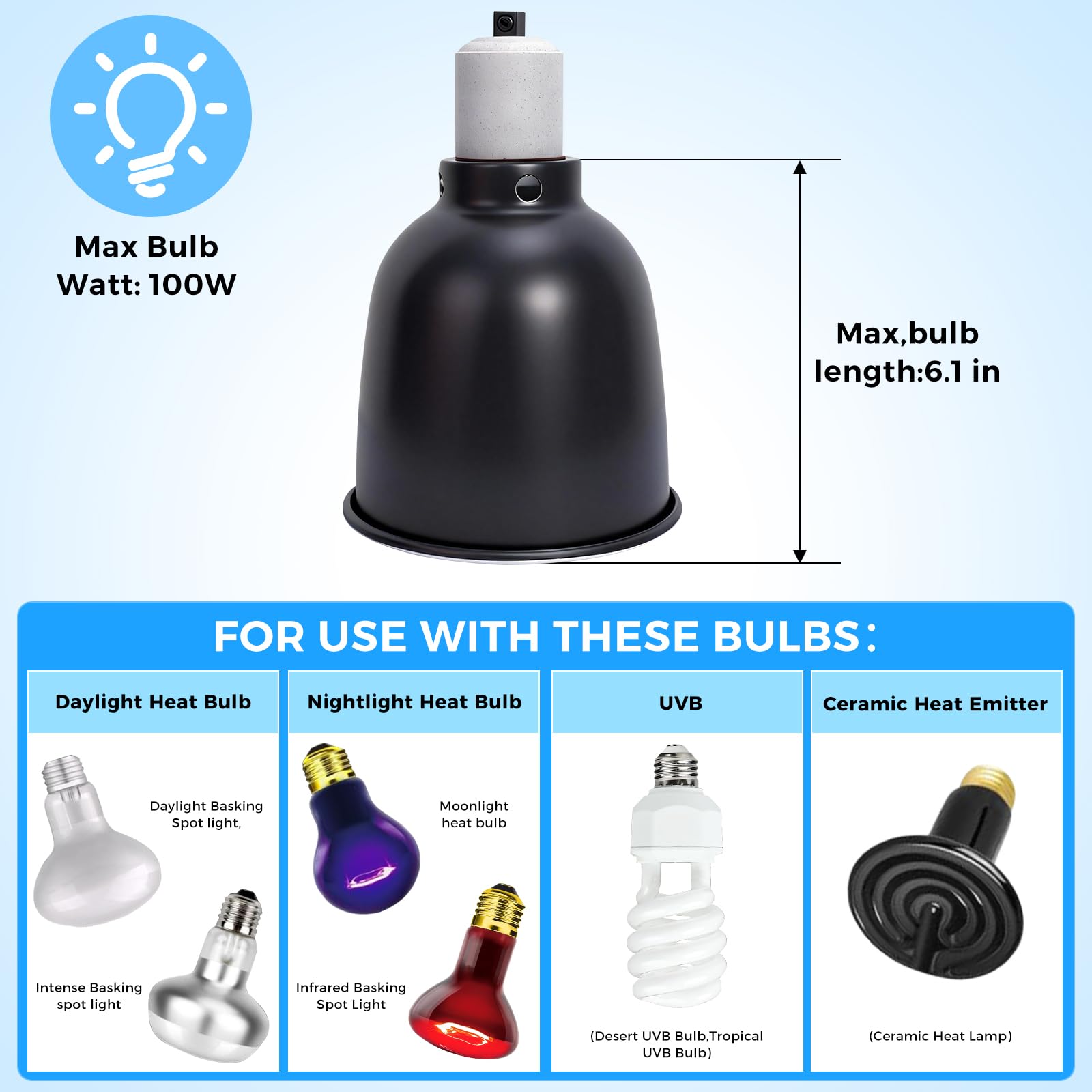 5.5 Inch Reptile Deep Dome Light Fixture - UVB Heat Lamp Holder with Ceramic Socket for Bearded Dragons, Geckos, Turtles - Hanging Hook Design with Safety Switch for Terrarium Lighting - image 2