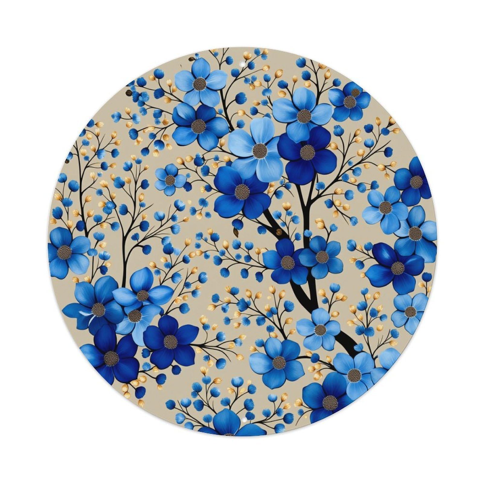Blue Floral Pattern With Berries Round Tin Sign Retro Metal Sign for Cafe Bar Pub Home Game Room Gym Club Wall Decoration Vintage Metal Poster 8x8 Inch