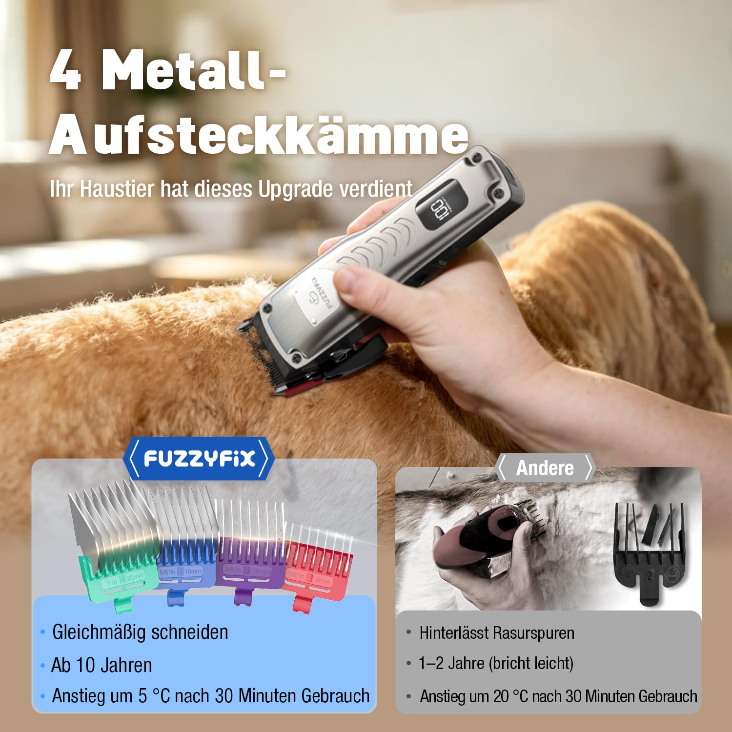 Hundeschermaschine mit Metall-Aufsteckkämme und Abnehmbare Ersatzklinge,Schermaschine Hund Hunderasierer Haarschneidemaschine Profi für Dickes/Lockiges/Feines/Langes/Gewelltes Haar