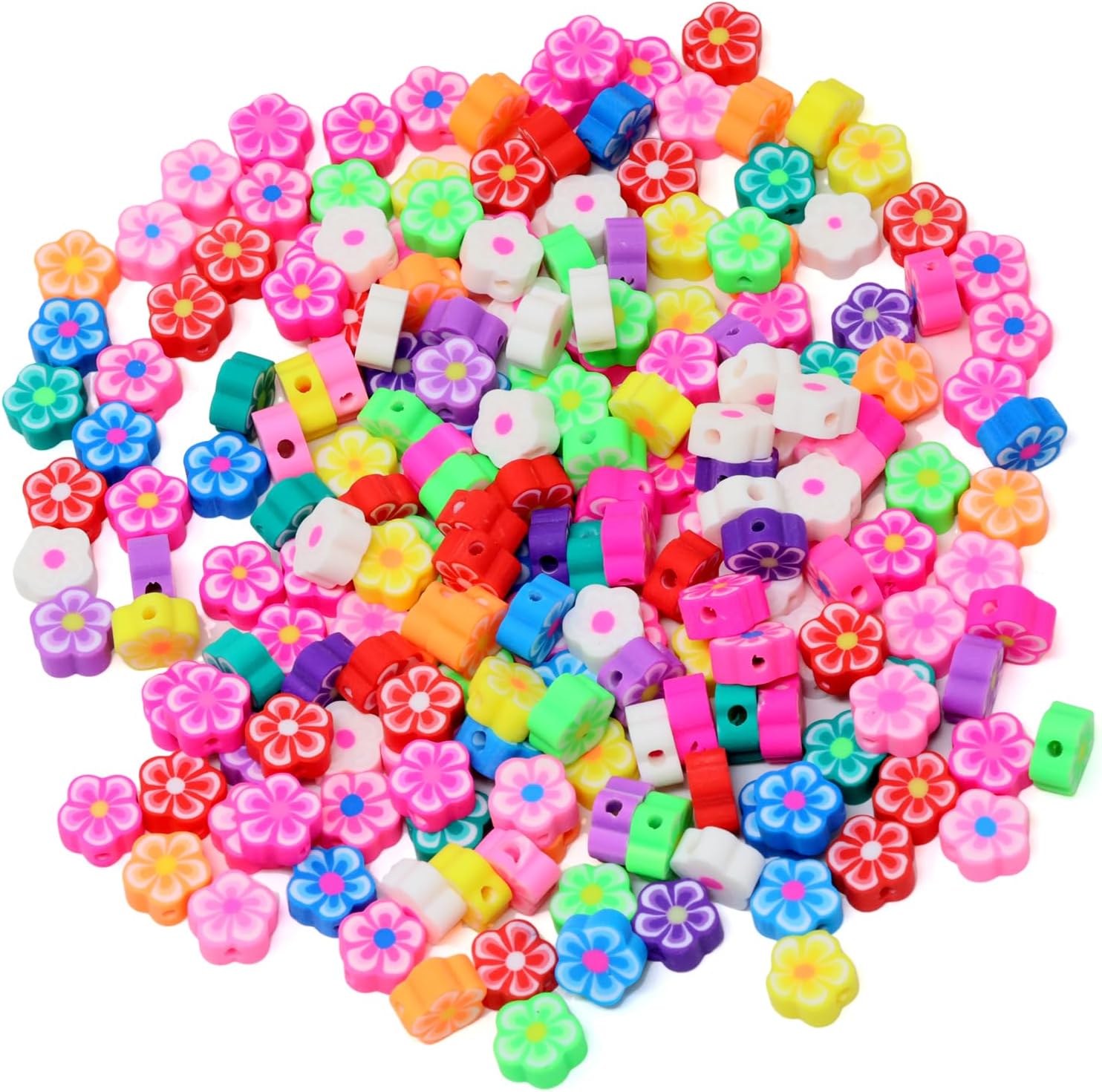 Honbay 200PCS 9mm Assorted Colors Flower Bead Charms Polymer Clay Beads Mini Flower Beads Floral Spacer Beads Loose Beads with Holes for Jewelry Making DIY Craft Accessories