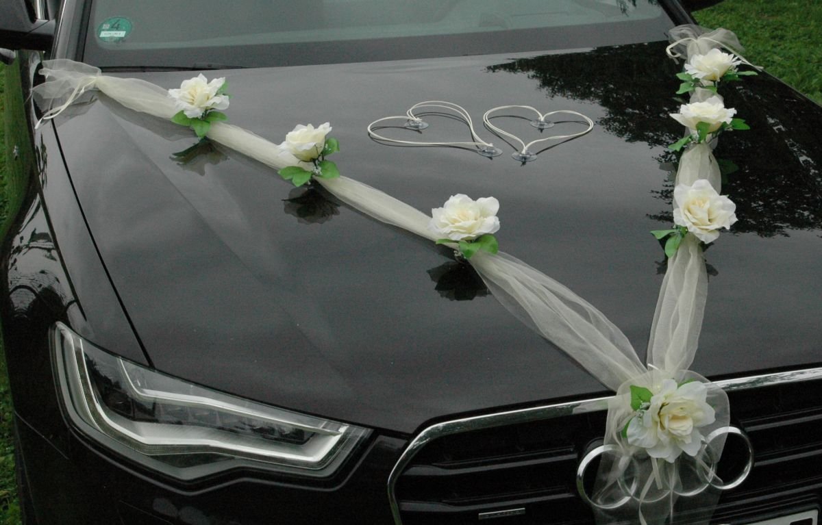 ORGANZA M + HERZEN Braut Paar Rose Deko Dekoration Autoschmuck Hochzeit Car Auto Wedding Deko Ratan Girlande ®Auto-schmuck PKW (Ecru/Ecru/Weiß) - Image 3