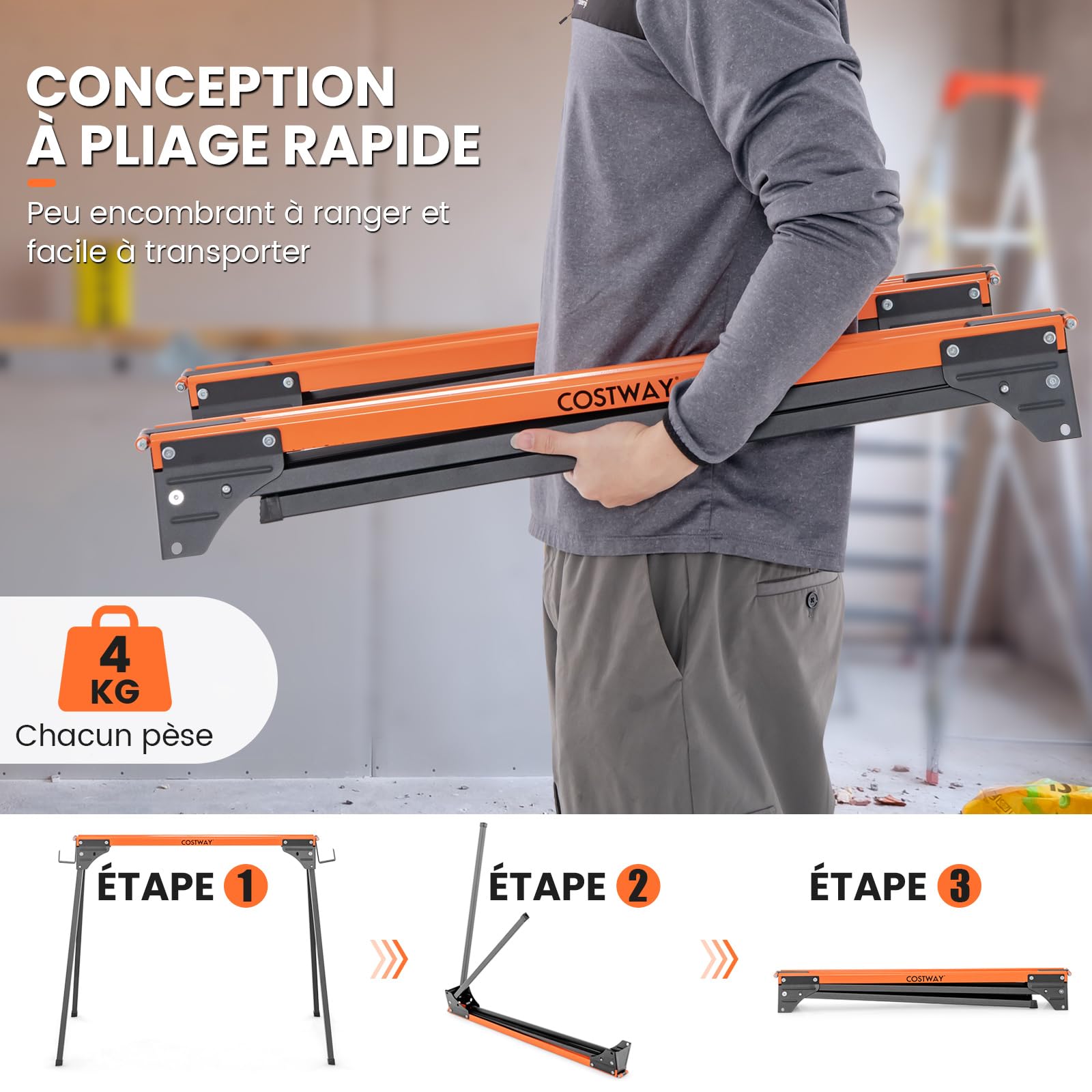 COSTWAY Lot de 2 Tréteaux de Sciage Pliables Métalliques Charge 500 kg, Tréteaux Portable avec 2x4 Bras de Support Pieds à Ouverture Rapide pour Bricolage Sciage 96,5 x 47 x 76 cm