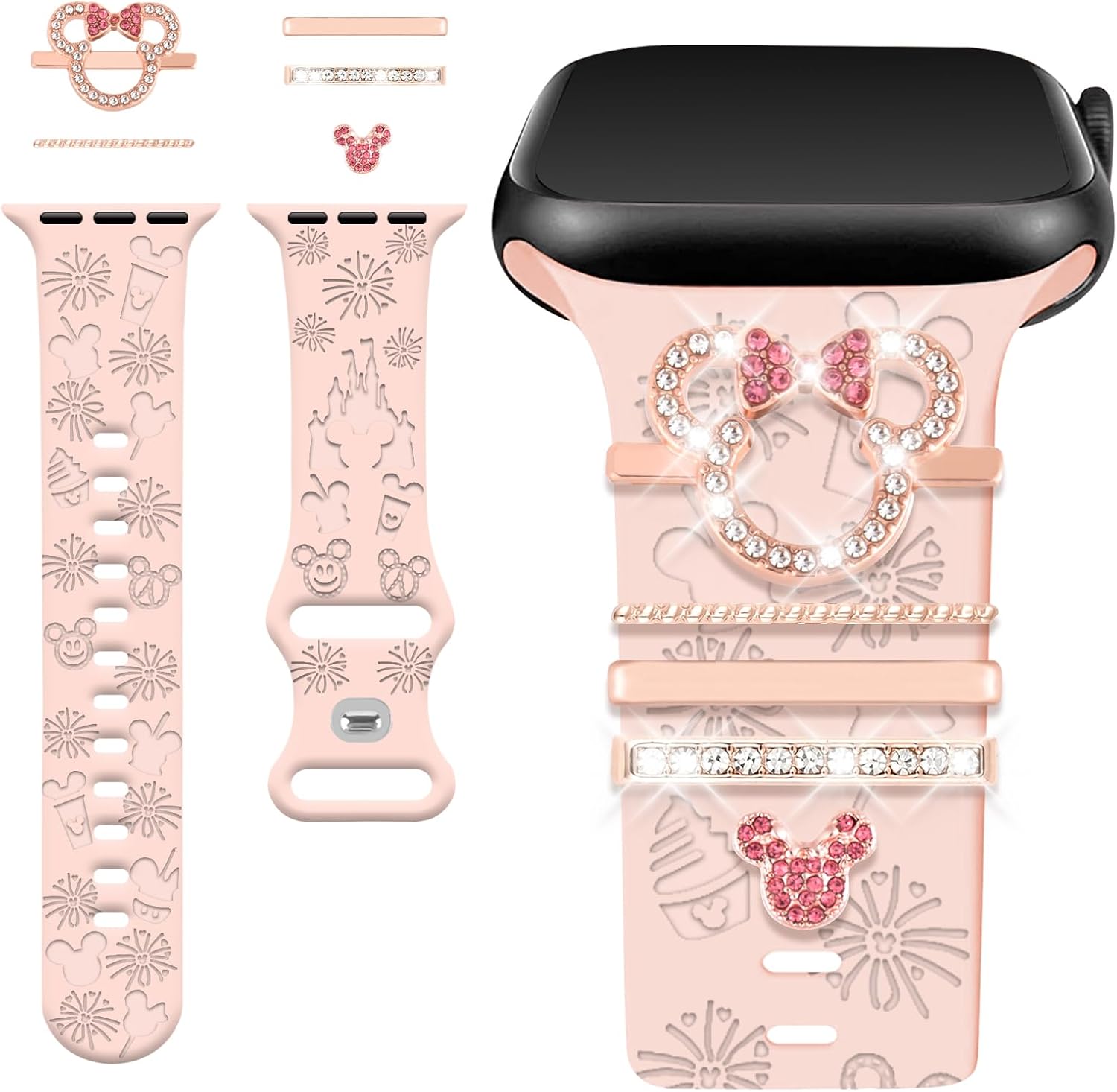 Cartoon Watch Band with Charms(Band Included) for Apple Watch 38/40/41/42/44/45/46/49mm Women, Cute Silicone Engraved Strap & Decorative Rings for iwatch 10 9 8 7 6 5 4 3 2 1 SE Ultra