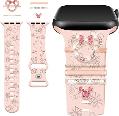 Cartoon Watch Band with CharmsBand Included for Apple Watch 38/40/41/42/44/45/46/49mm Women, Cute Silicone Engraved Strap & Decorative Rings for iwatch 10 9 8 7 6 5 4 3 2 1 SE Ultra