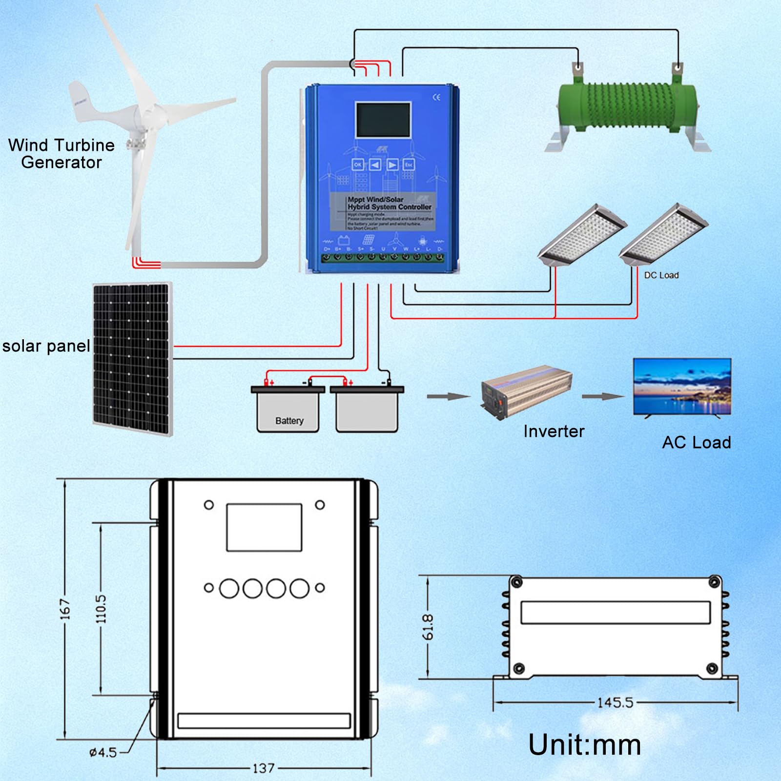 Controlador De Carga HíBrido Solar EóLico De 15000W, Regulador De Carga Mppt De 24V/48V Con Pantalla Lcd Y Carga De Descarga,48V