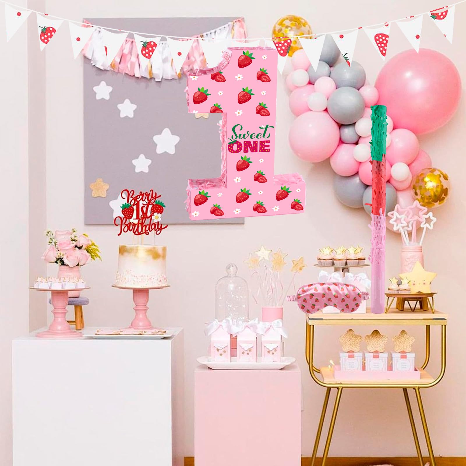 Decoraciones de cumpleaños de fresa, piñata número 1 dulce con palo y confeti, piñata de fresa, decoración y suministros para fiesta de primer cumpleaños (fresa 1st)