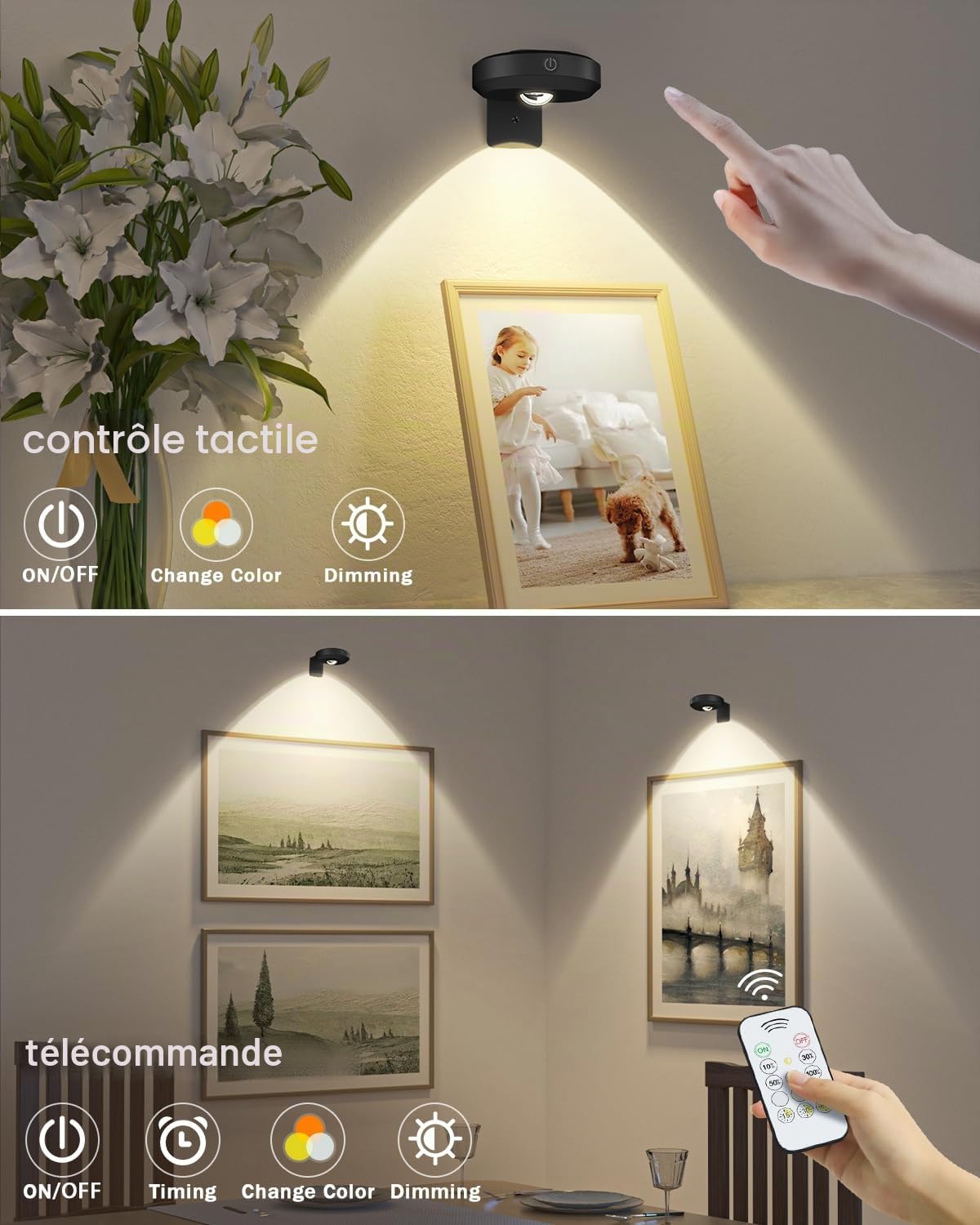 WILLED 3 PCS Lampe Tableau sans Fil Rechargeable, Eclairage Tableau Led Pile Avec Télécommande et Contrôle Tactile, Spot LED sans Fil, 3 Couleurs et Fonction de Minuterie, pour Cuisine, Armoire