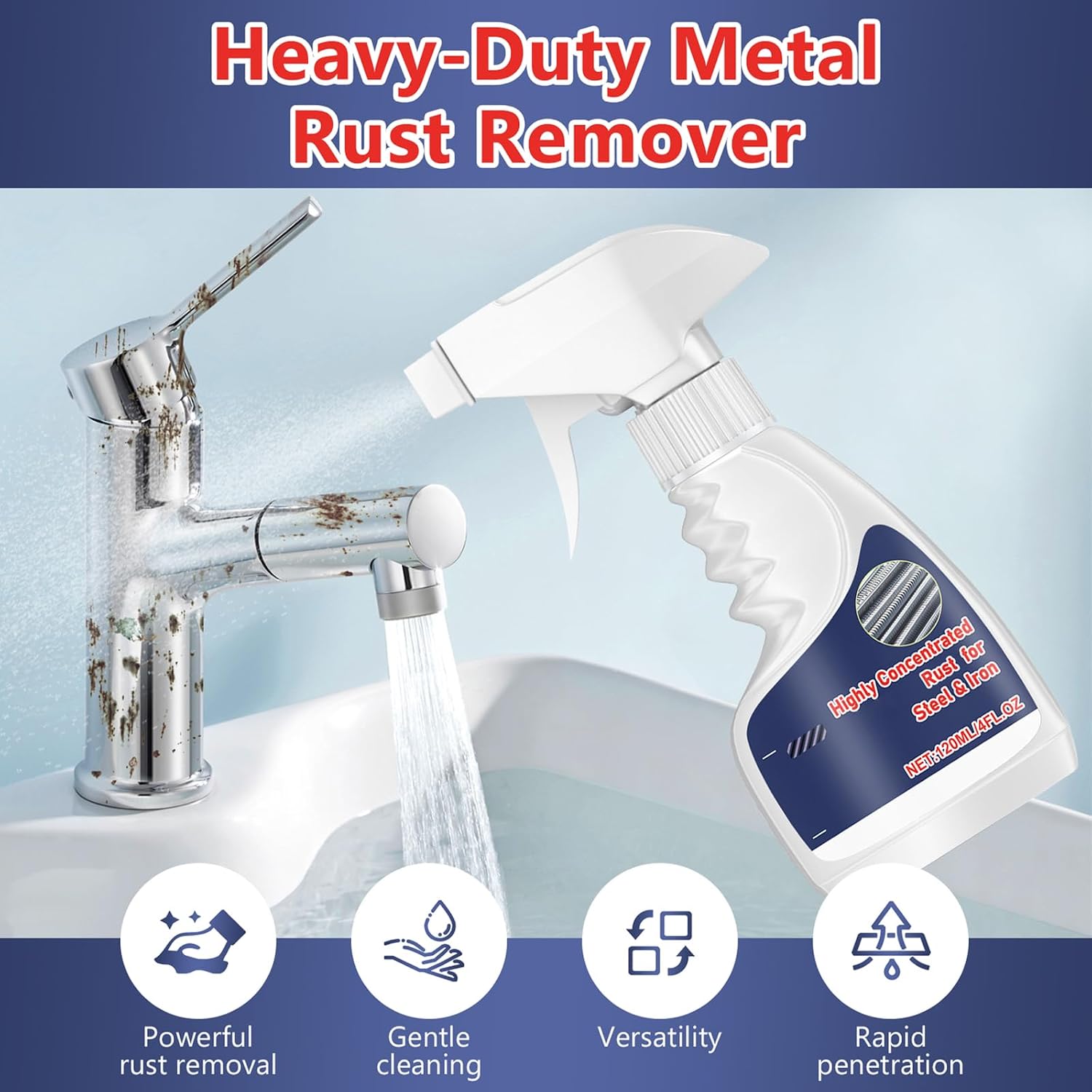 Rust Remover Heavy Duty for Metal, Highly Concentrated Steel Rust Remover, Multipurpose Rust Remover Spray for Metal, Stainless Steel, Automotive Parts, Fast Acting (2Pcs)