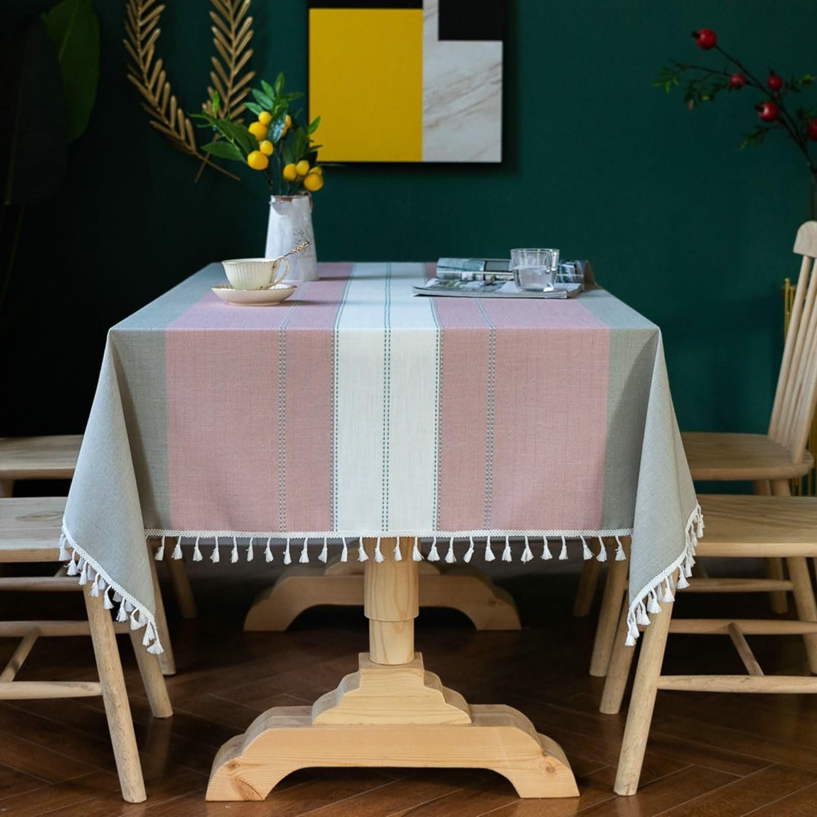 Mantel Rectangular Rosa Exterior, Empalme de Rayas con Borlas, de Algodón y Lino Elegante, 140 x 180 cm, Mantel para Cafetería