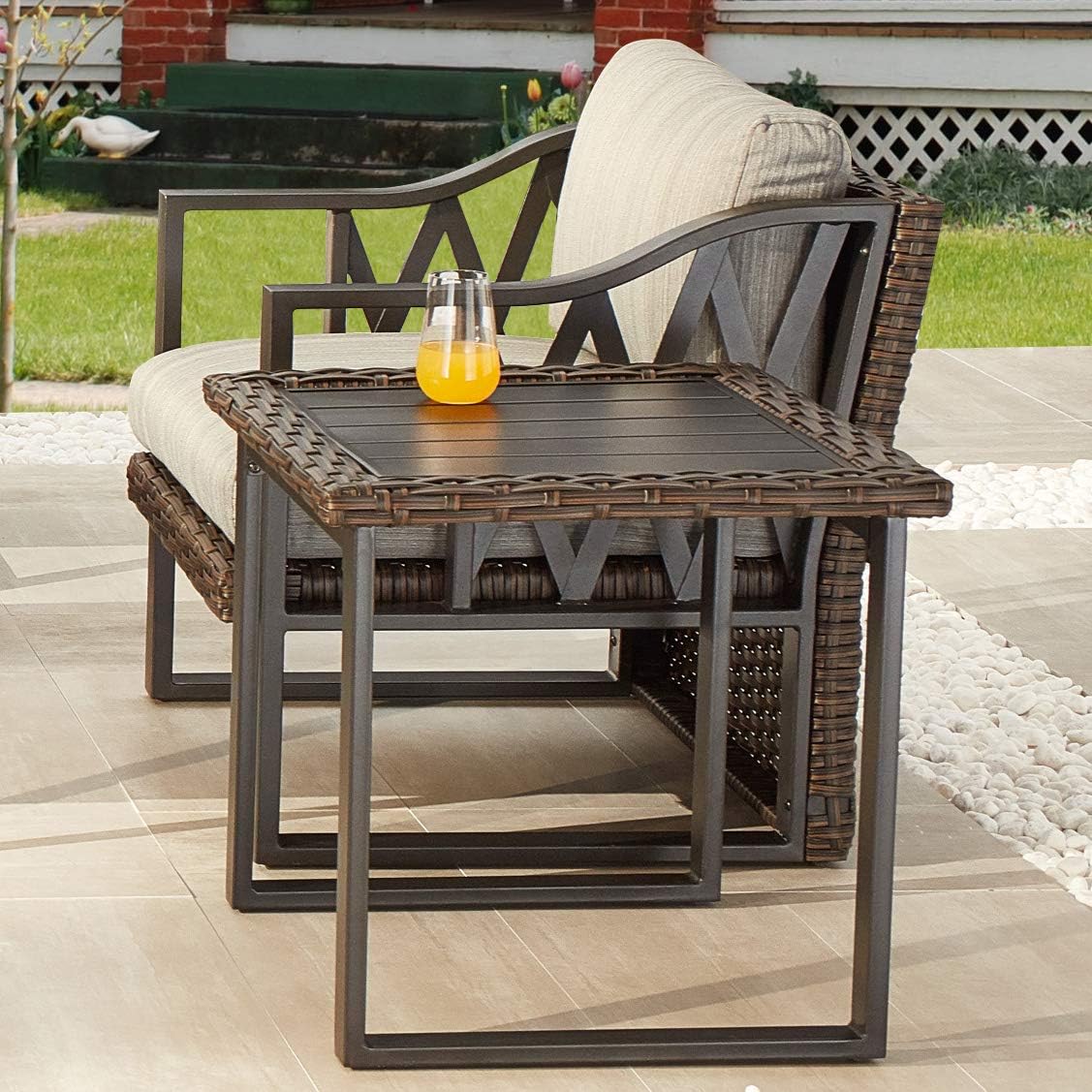 PatioFestival Wicker Patio Coffee Table Side Patio Bistro Table Metal Rattan Furniture with All Weather Steel Frame
