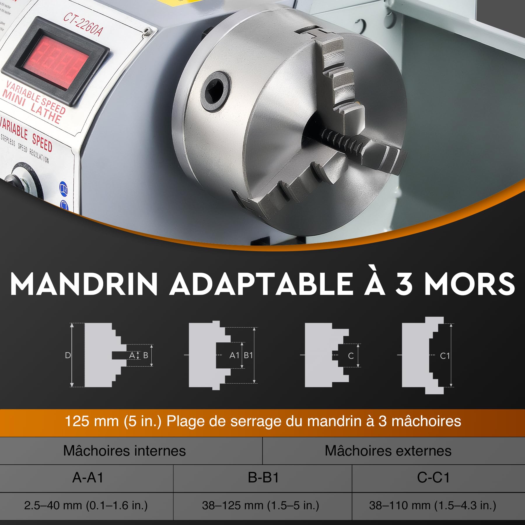 CREWORKS 1100W Mini Tour à Métaux d'Établie 220x600mm 9"x24" Haute Précision avec Mandrin à 3 Mâchoires et Vitesse de Broche Max. 3000 tr/min Écran LCD pour Filetage Tournage Perçage