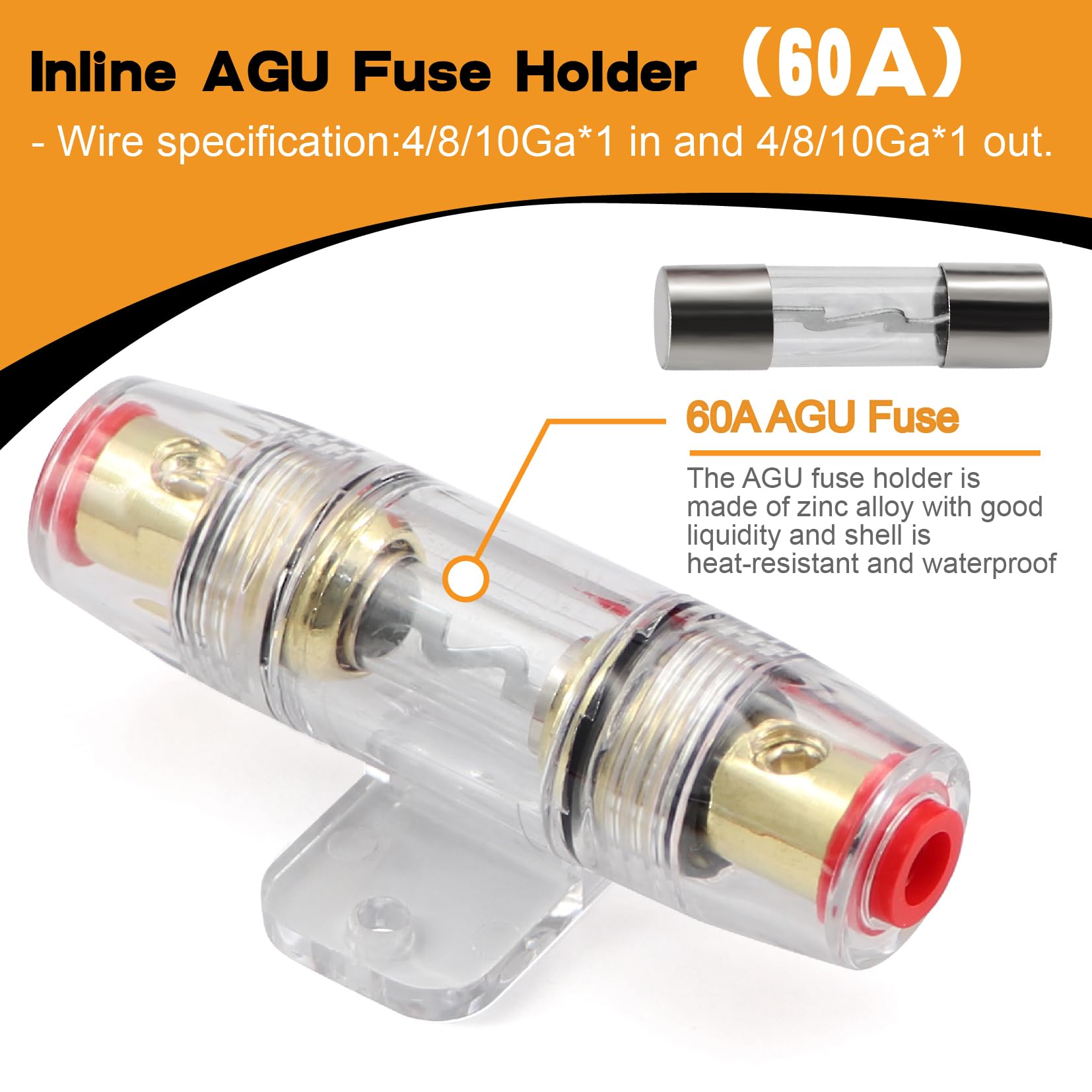 Fil en aluminium plaqué de cuivre CCA de calibre 8 avec cosses 8 GA, porte-fusible 60 A, tube thermorétractable – Câble d'alimentation/de terre, haut-parleur audio de voiture, kit de câblage d'ampli