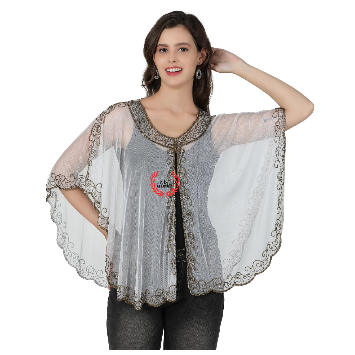 Women's Net Hand Bead Embroidery Designer Short Cape Poncho-image-43