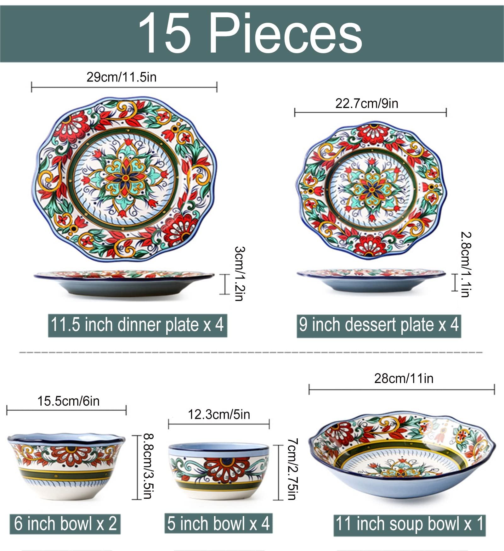Porcelana zastawa stołowa, 15-częściowy komplet naczyń dla 4 osób, nowoczesny zestaw naczyń z talerzami płaskimi, talerzami deserowymi i miskami