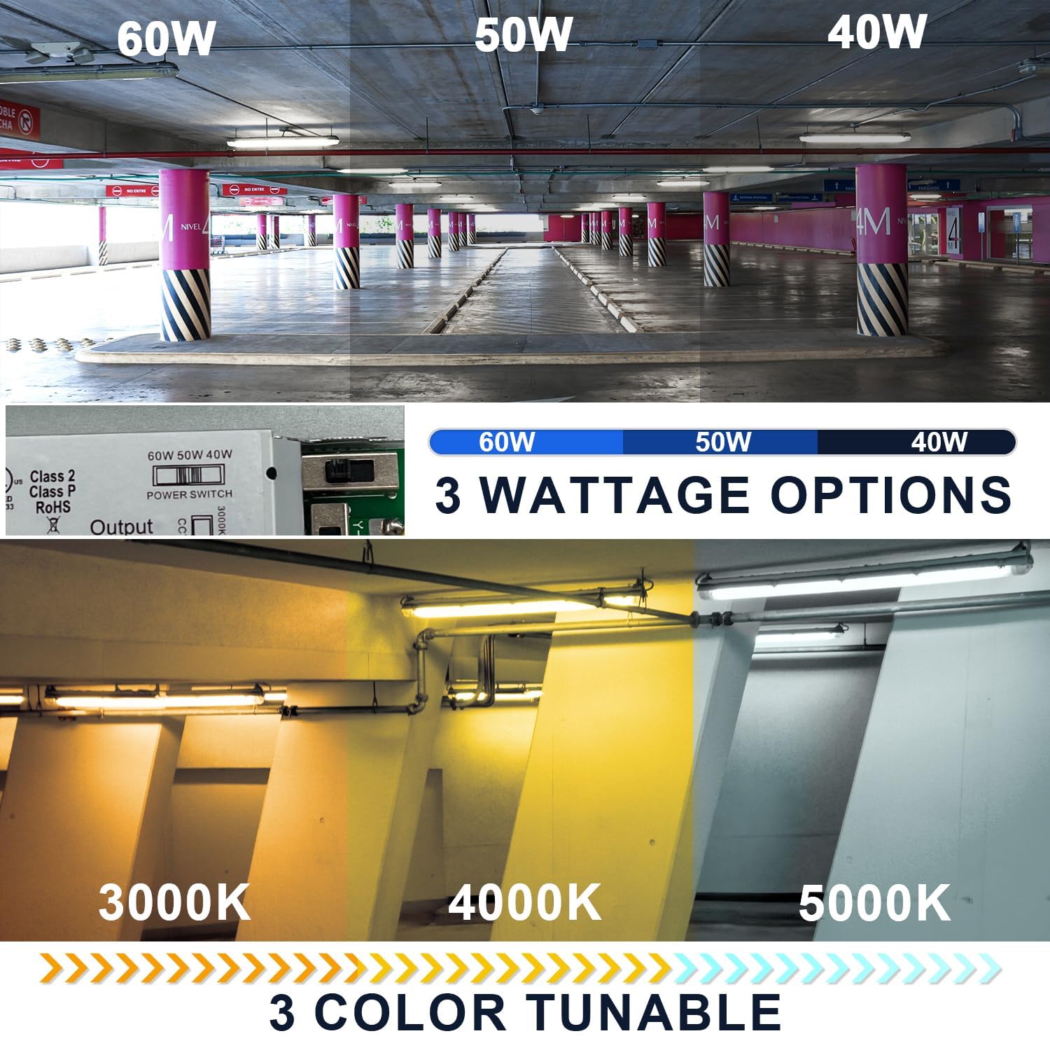 4-stopowa lampa LED odporna na parę – 40 W, 50 W, 60 W, z możliwością wyboru, 3CCT, 3000 K–5000 K, IP66, do warsztatu na mokro, do myjni samochodowej w garażu(12 Pack)