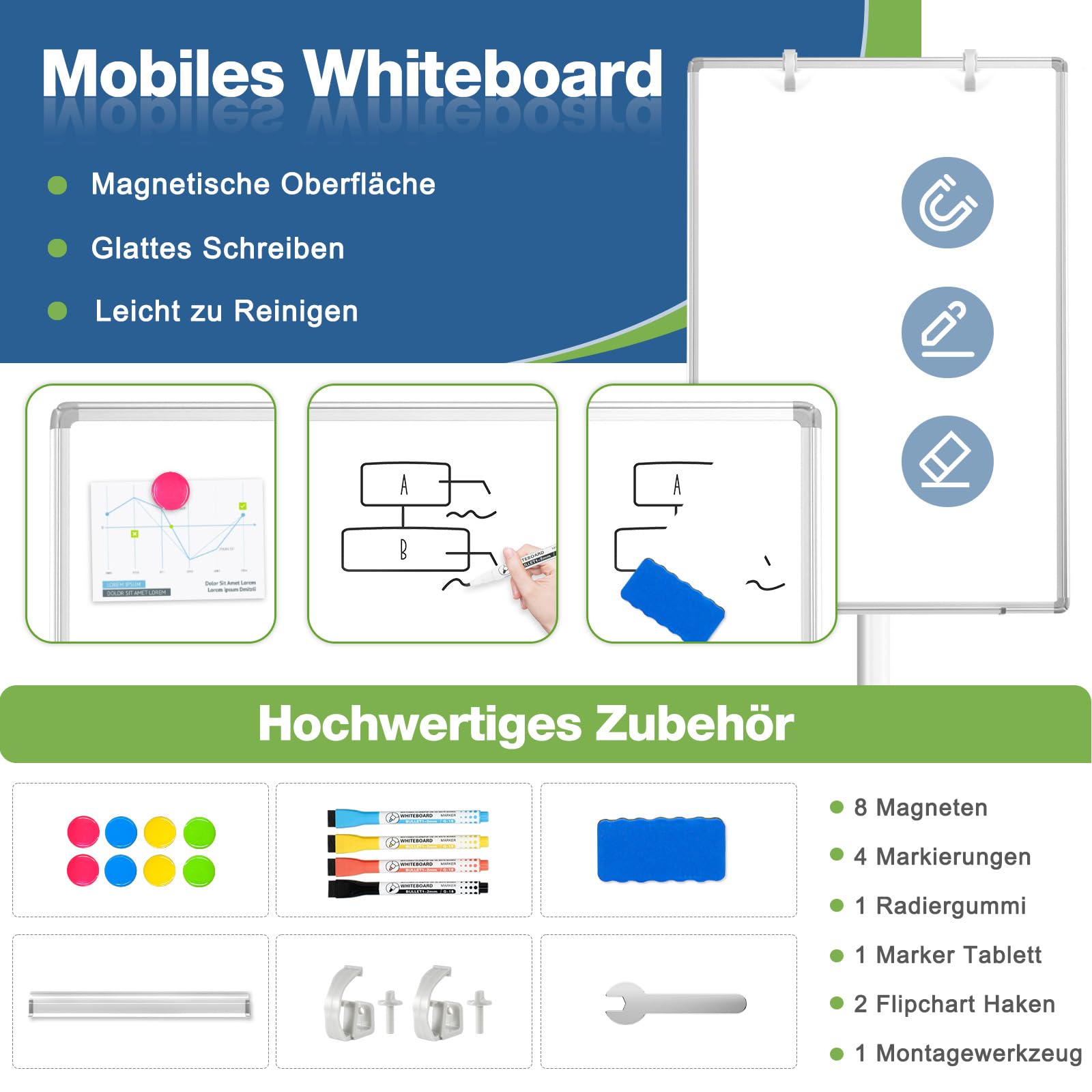 Lavagna bianca mobile, 70 x 100 cm, lavagna magnetica con supporto, lavagna a fogli mobili regolabile in altezza, Dry Erase Standing White Board per ufficio, lezioni