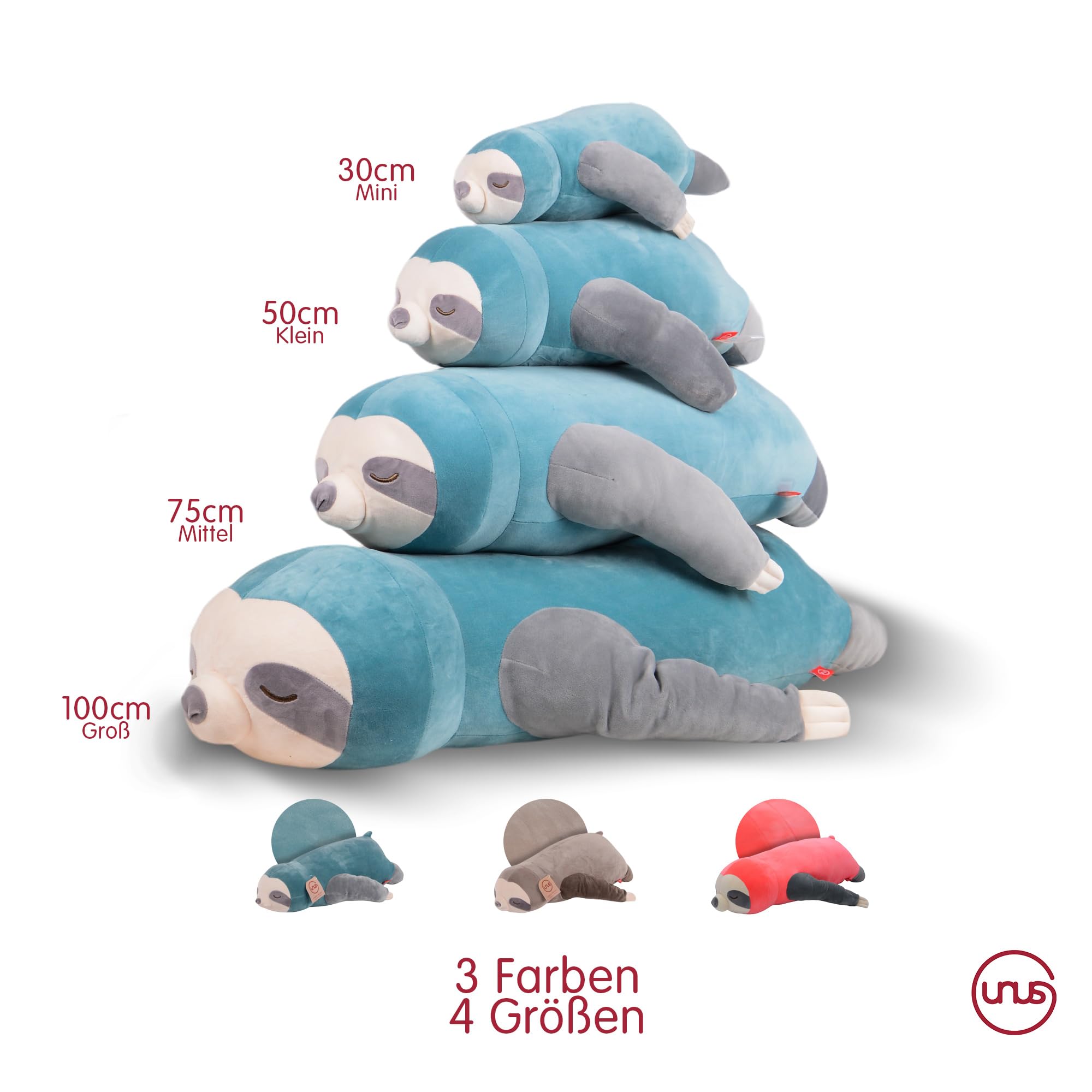 UNUS - Cuscino per dormire sul fianco, a forma di bradipo, cuscino per allattamento, cuscino per bambini, adatto come decorazione, estremamente morbido, 100 cm, turchese