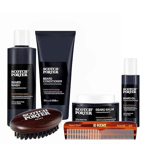 Scotch Porter Kit de cuidado de barba Incluye lavado de barba, acondicionador de barba, bálsamo para barba, suero de barba y cepillo para barba Scotch Porter Kit de cuidado de barba Incluye lavado de barba, acondicionador de barba, bálsamo para barba, suero de barba y cepillo para barba