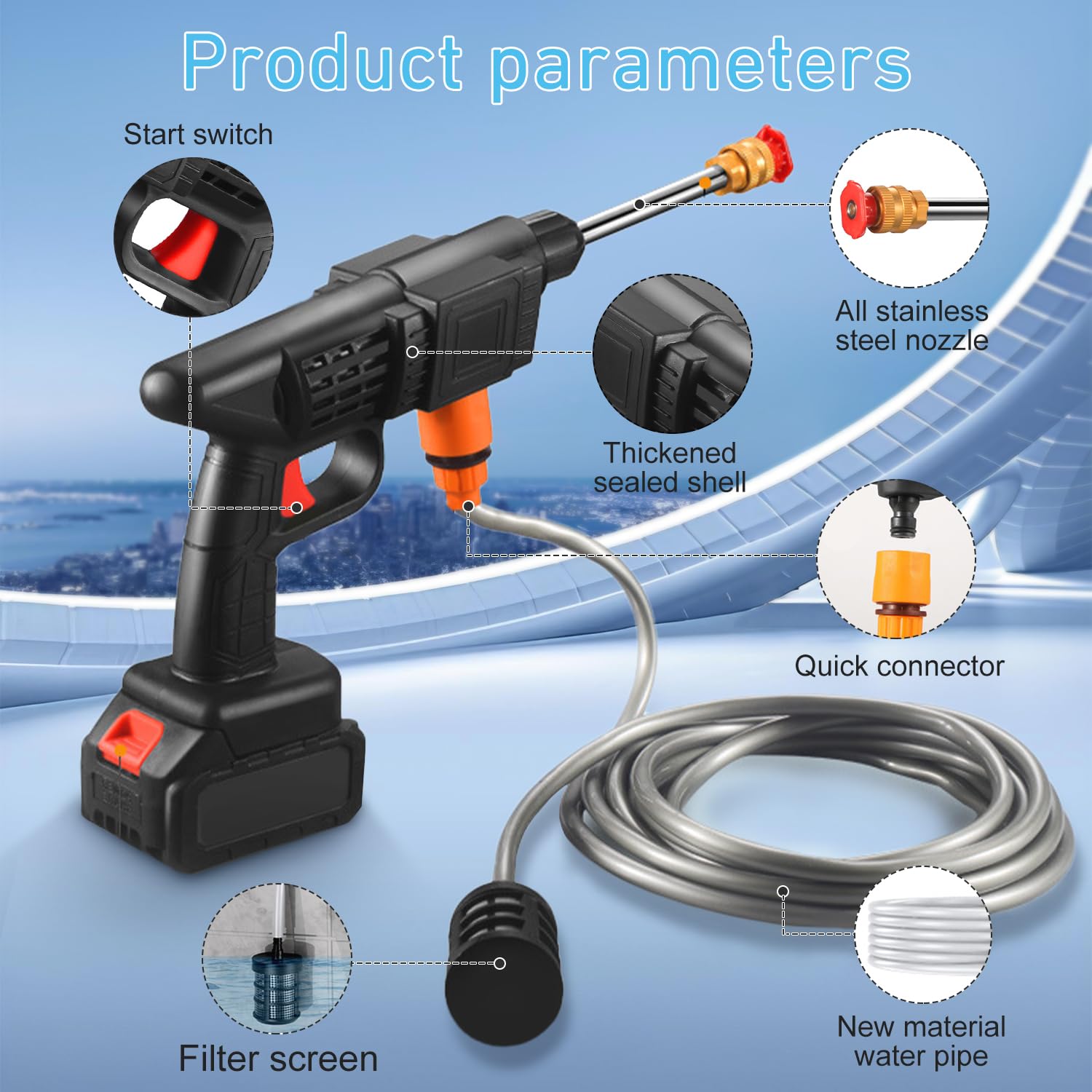 Idropulitrice a Batteria, 48V Max 90 Bar Idropulitrice Portatile con 2 Batteria, Ugello Multispruzzo 6 in 1, Tubo da 5M, Lancia di Prolunga, Strumento per La Pulizia Dell'auto da Esterno