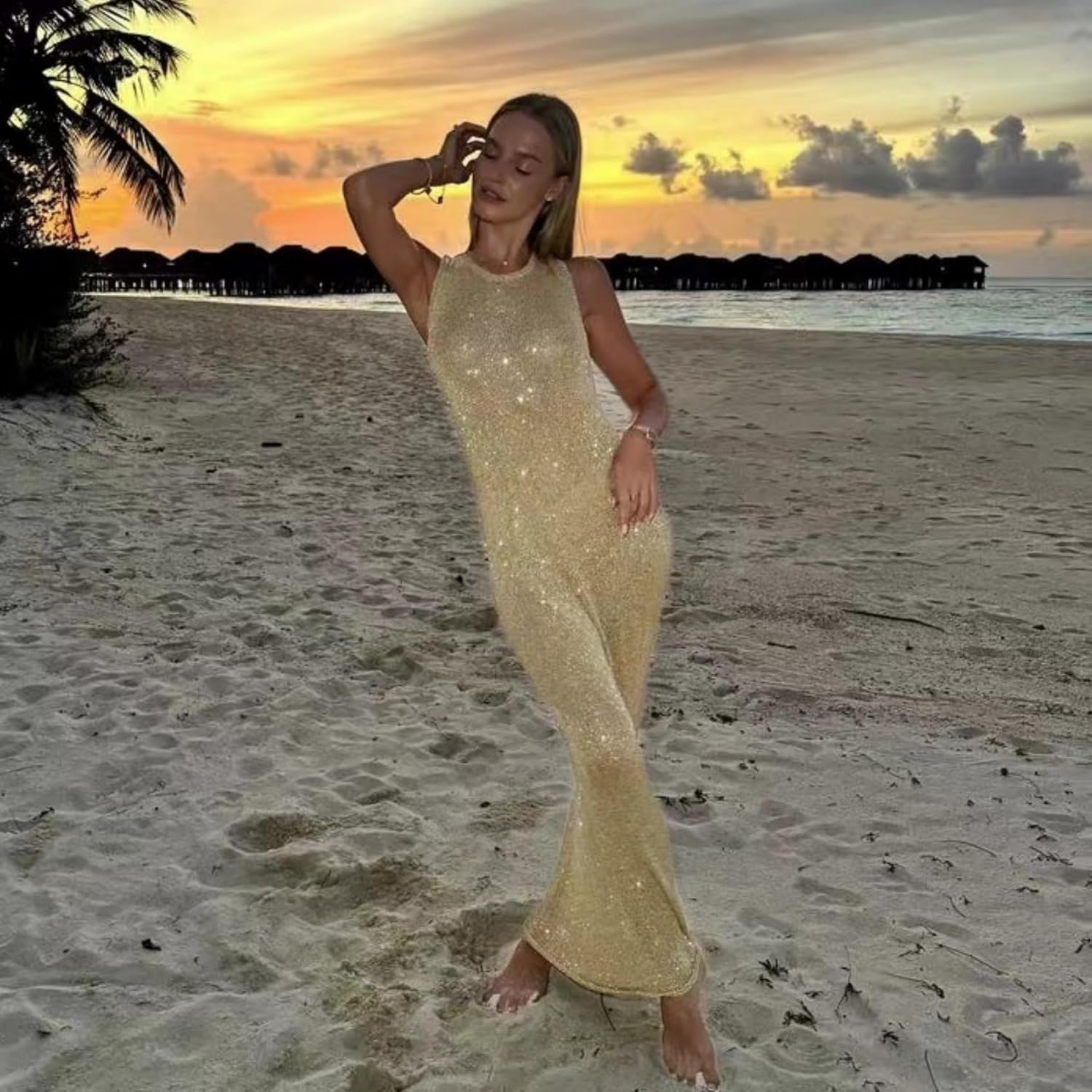 JUMISEE Women's Sexy Open Back Glitter Crochet Knit Maxi Dress Shiny Sequin Vacation Dress Summer Long Beach Dresses Gold - Image 3