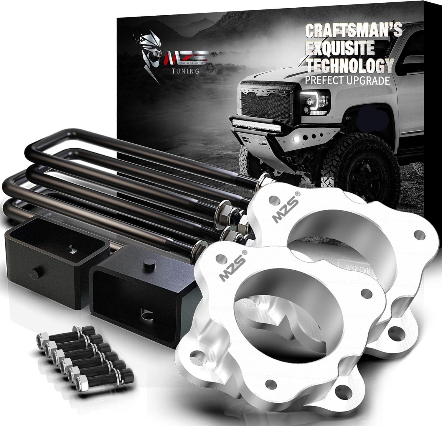 MZS Leveling Kit, 3" Front Strut Spacers and 2" Rear Lift Blocks with Extended Square U Bolts Compatible with 2007-2025 Silverado 1500/Sierra 1500