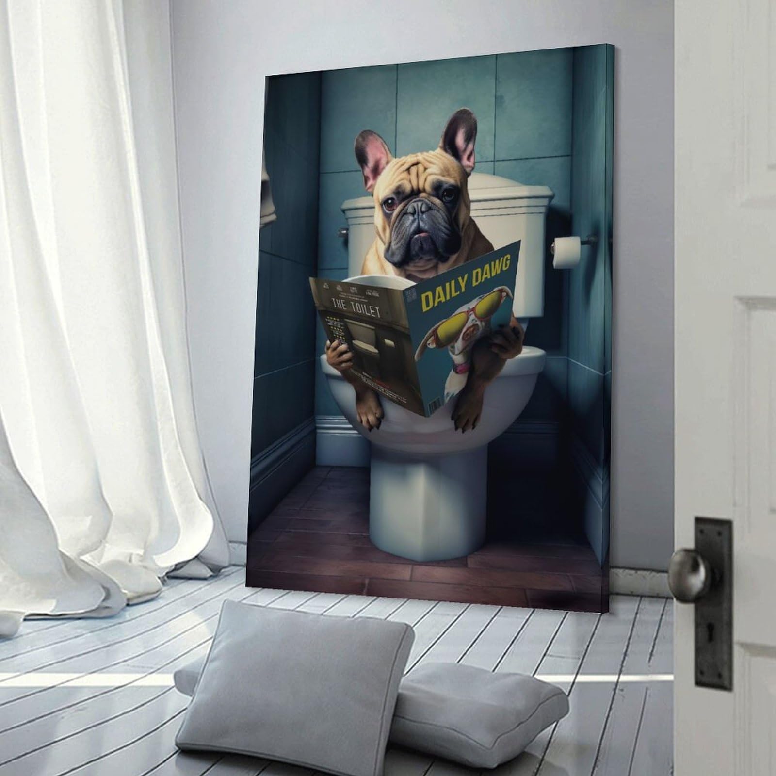 Junmoney Frame-Style-21 Canvas Wall Decor French Bulldog In Bathroom, 12X18inch(30X45cm), For Home Lounge, Bedroom Or Reading Nook, Eye Catching Artwork For Blank Walls