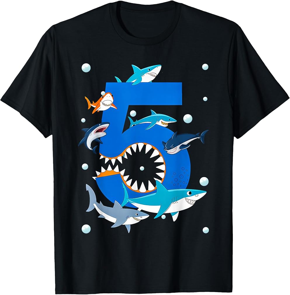5th Birthday Boys Shark White Shark T-Shirt