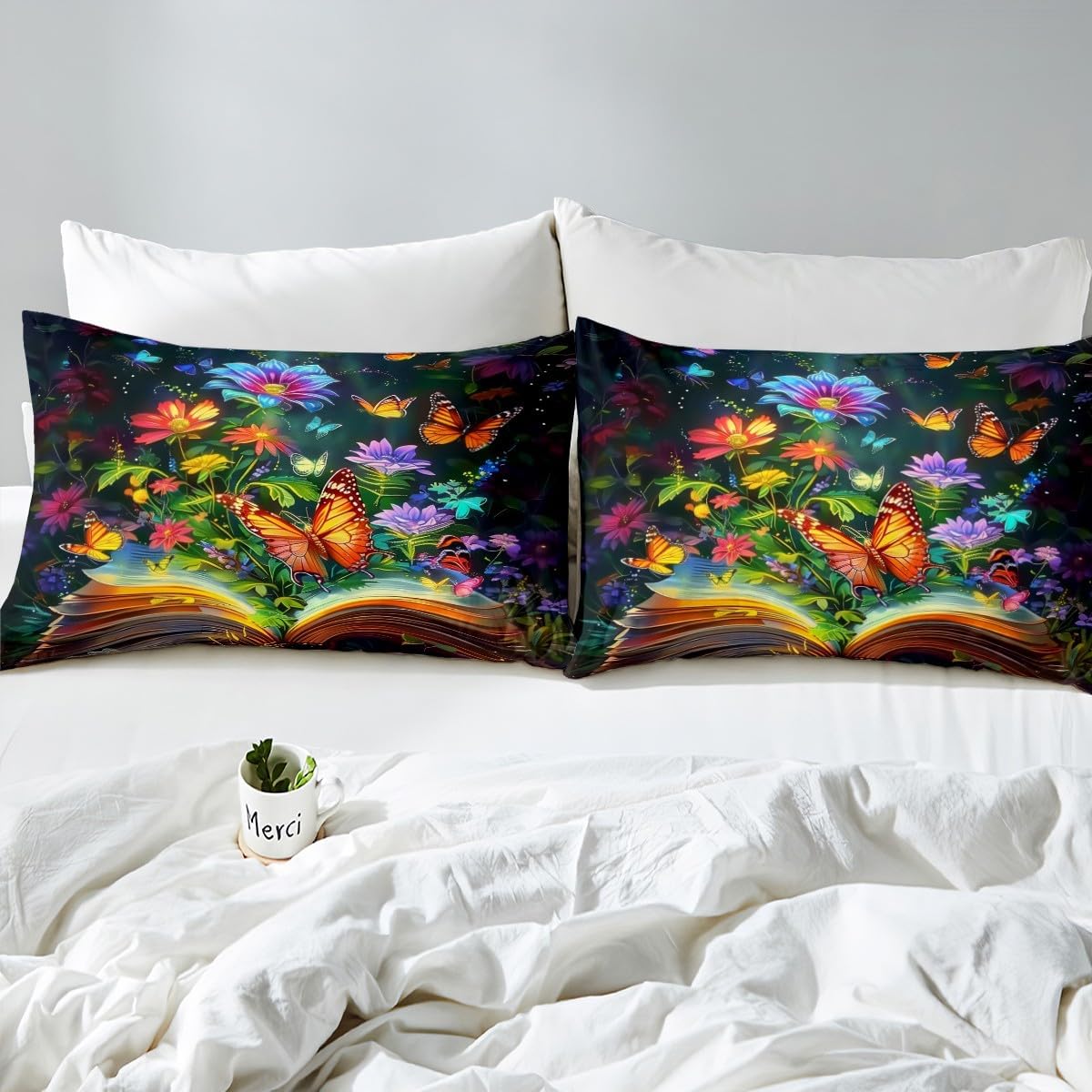 Manfei Book Flowers Duvet Cover Set Toddler,Magic Books Farmhouse Style Bedding Set,Blooming Flowers Butterfly Comforter Cover,Watercolor Jungle Reading Quilt Cover 2 Pcs,1 Pillowcase