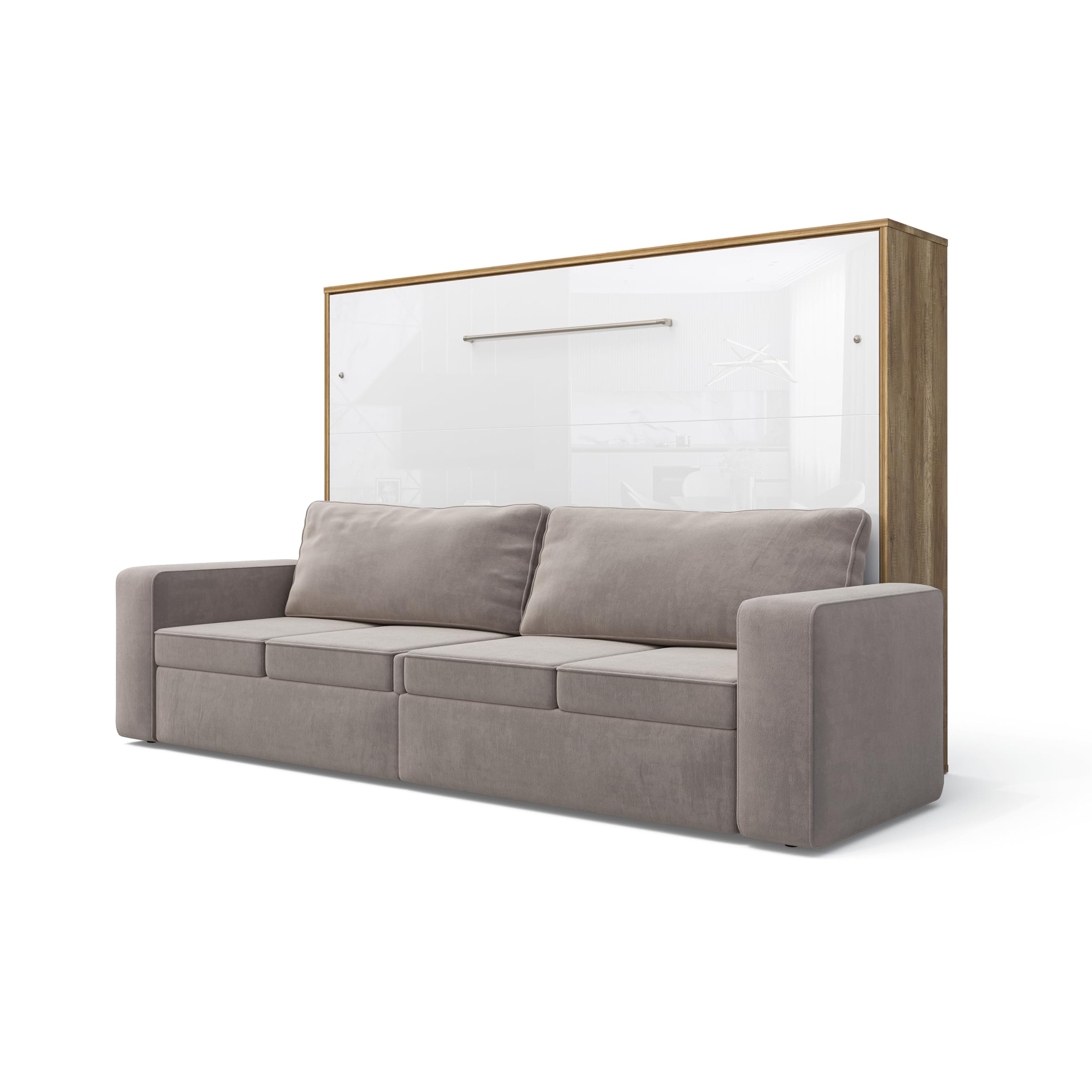 MAXIMAHOUSE Lit escamotable Horizontal Invento avec Le canapé LED 160H (160×200) (Chêne Country/Blanc Brillant+Sofa Beige/Marron Clair)