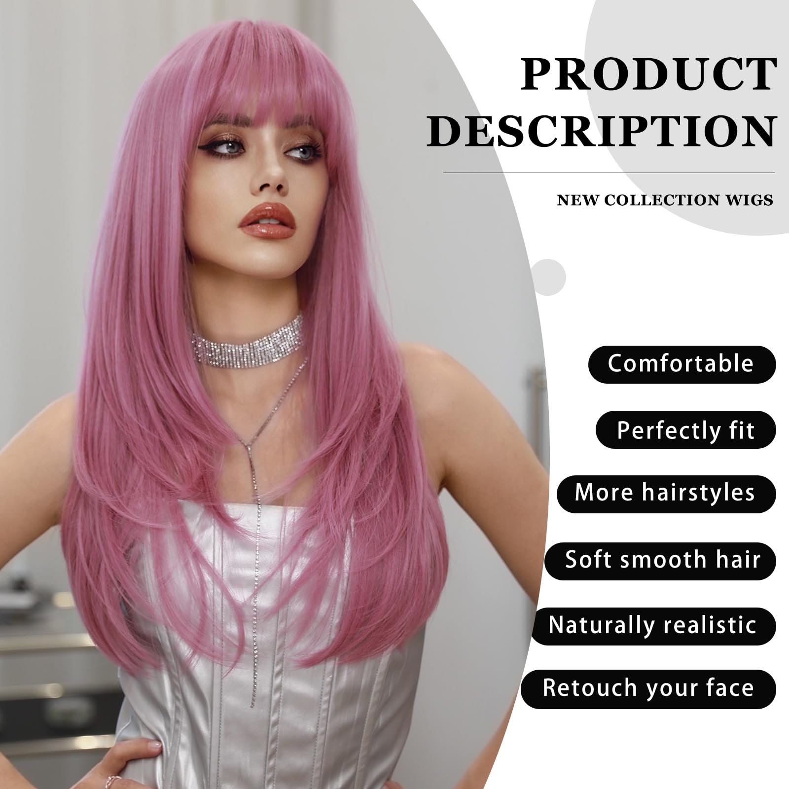 PARK YUN Straight Purple Pink Wigs for Women - Long Synthetic Wig with Bangs, 150% Glueless Heat Resistant Natural Looking Sexy Wig with Realistic Hairline for Girls Daily Party Costume 26 inch